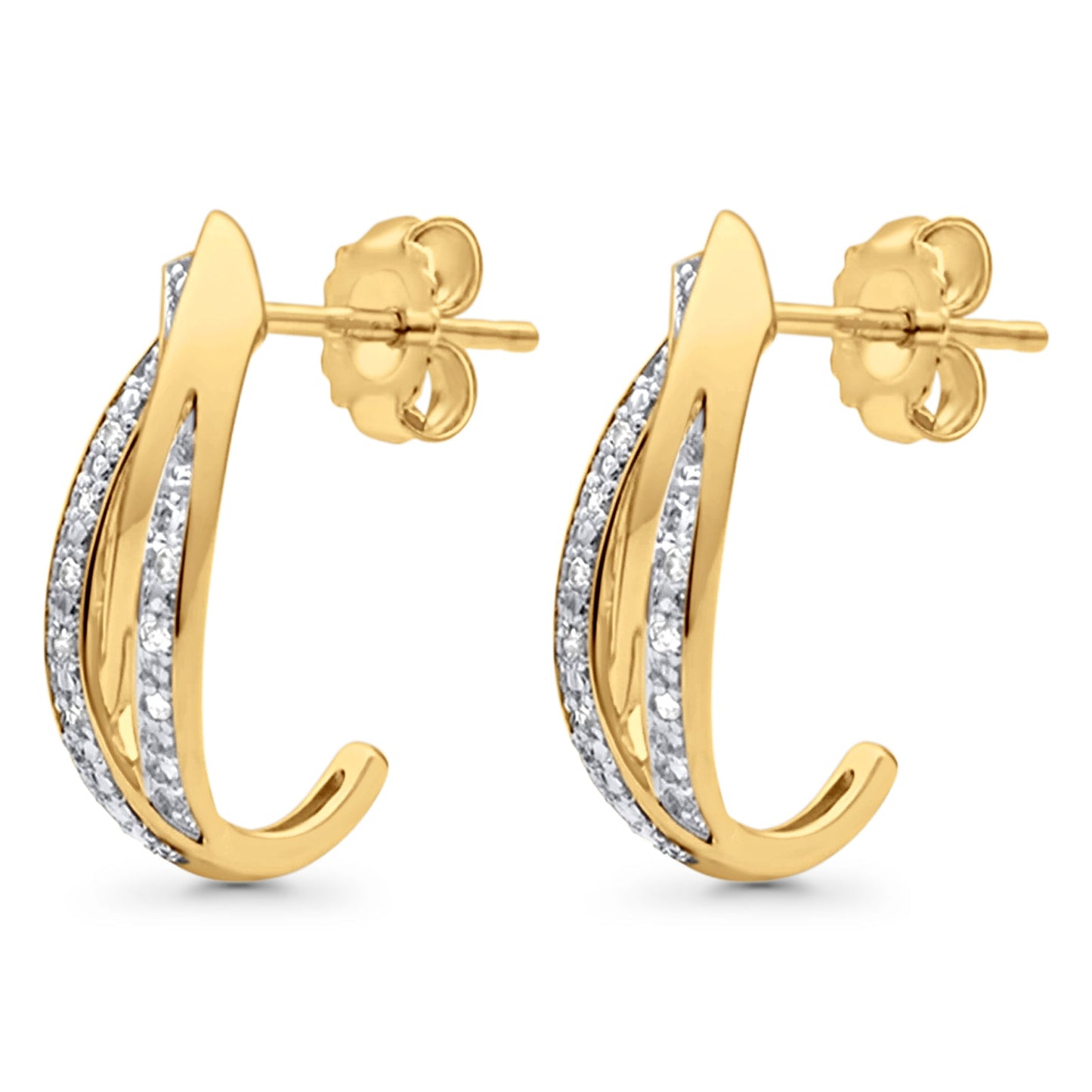 Solid 10K Yellow Gold 16mm Crossover J Shaped Diamond Drop Hoop Earrings Wholesale