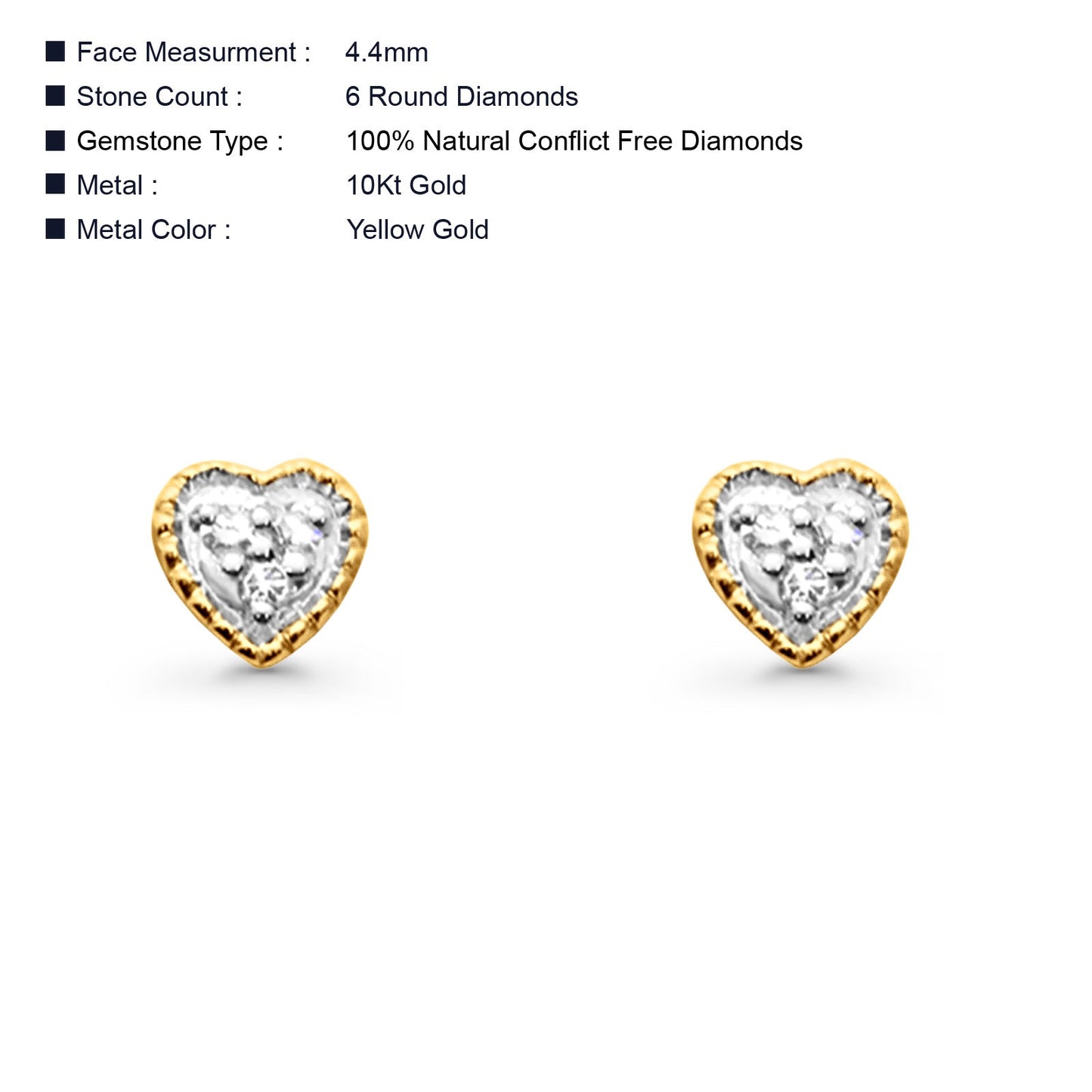 Solid 10K Two Tone Gold 4.4mm Heart Shaped Round Diamond Stud Earrings Wholesale