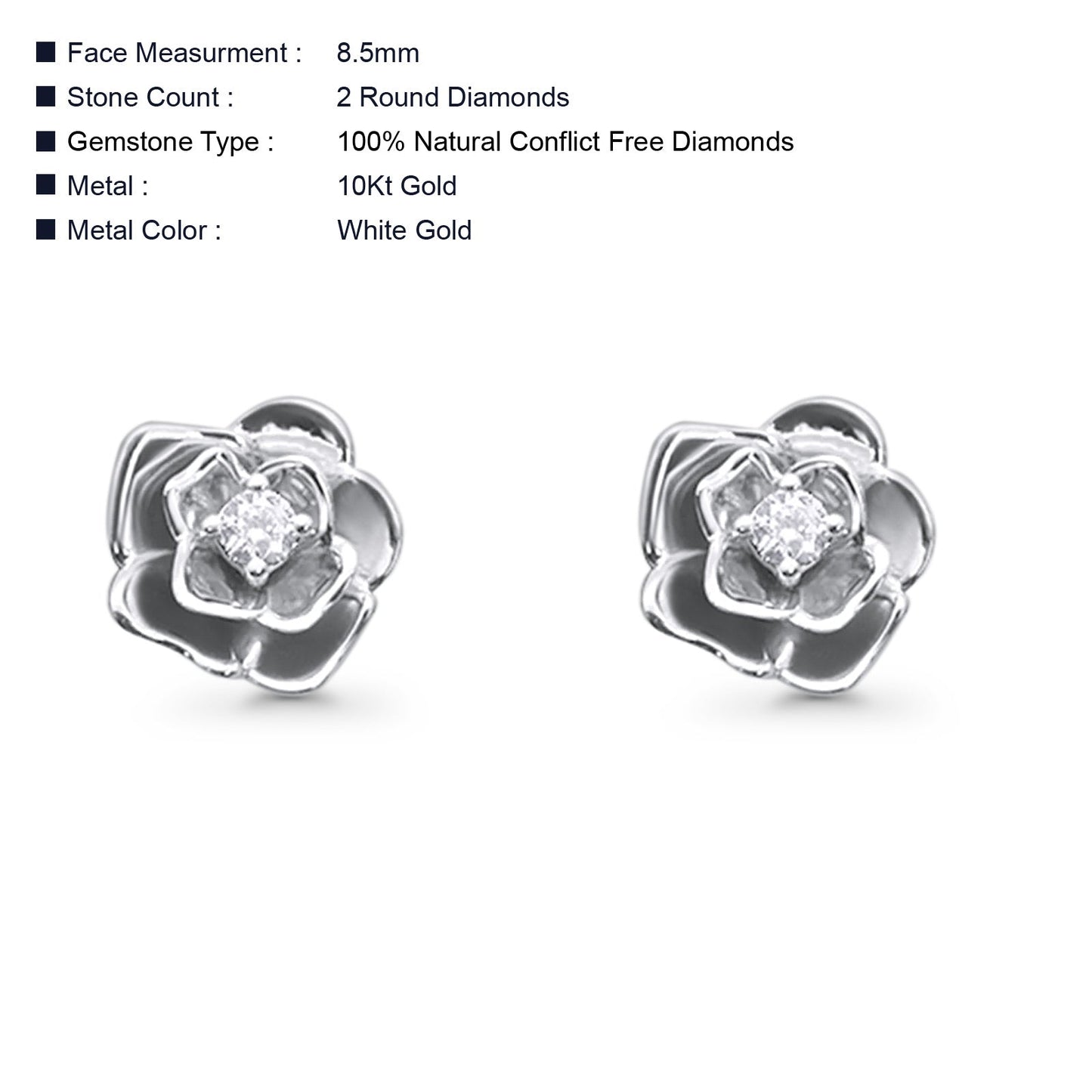 Solid 10K White Gold 8.5mm Floral Minimalist Diamond Stud Earrings Wholesale