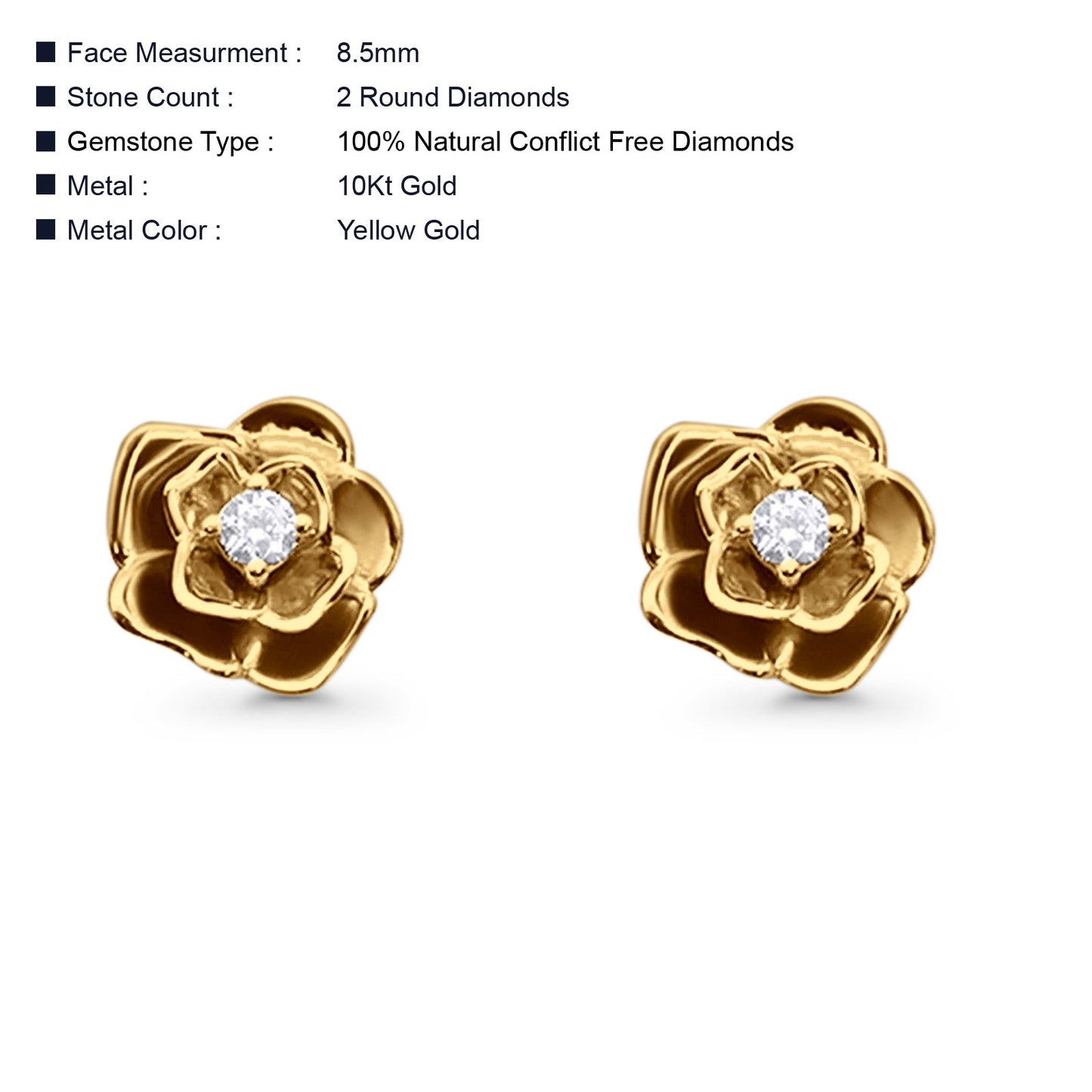 Solid 10K Yellow Gold 8.5mm Floral Minimalist Diamond Stud Earrings Wholesale