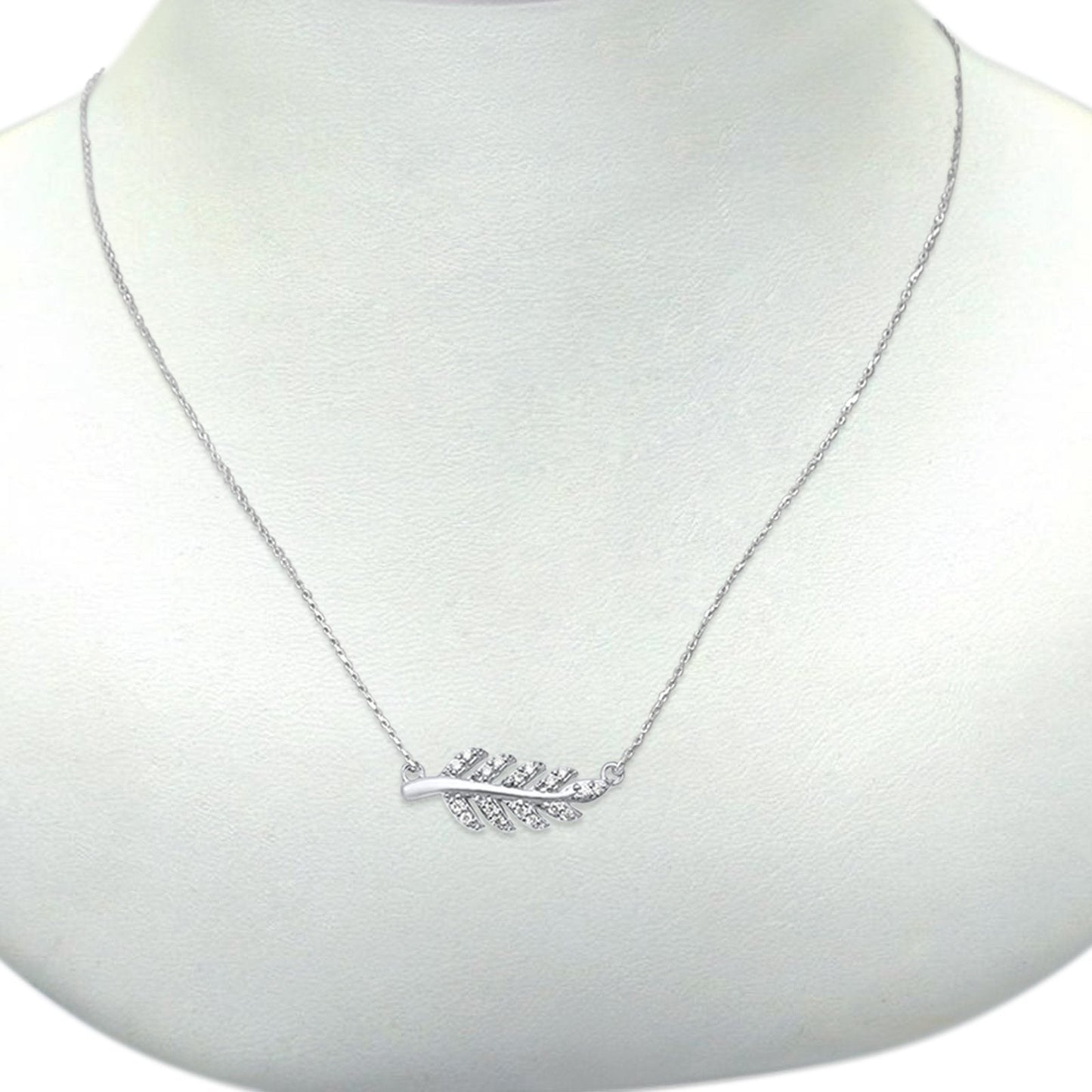 14K White Gold Diamond Trendy Olive Branch .11Ct. Leaf Pendant 18"inch