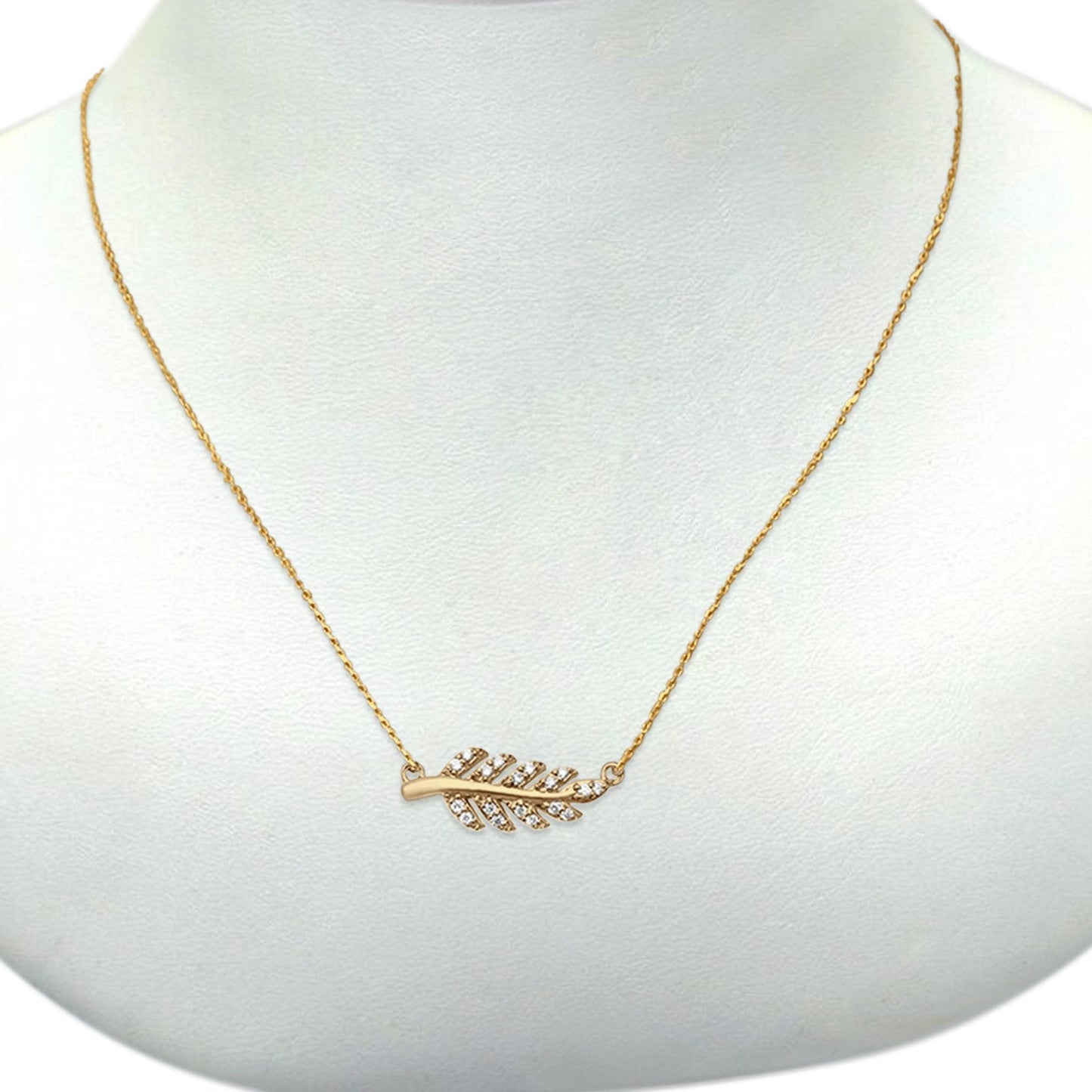 14K Yellow Gold Diamond Trendy Olive Branch .11Ct. Leaf Pendant 18"inch