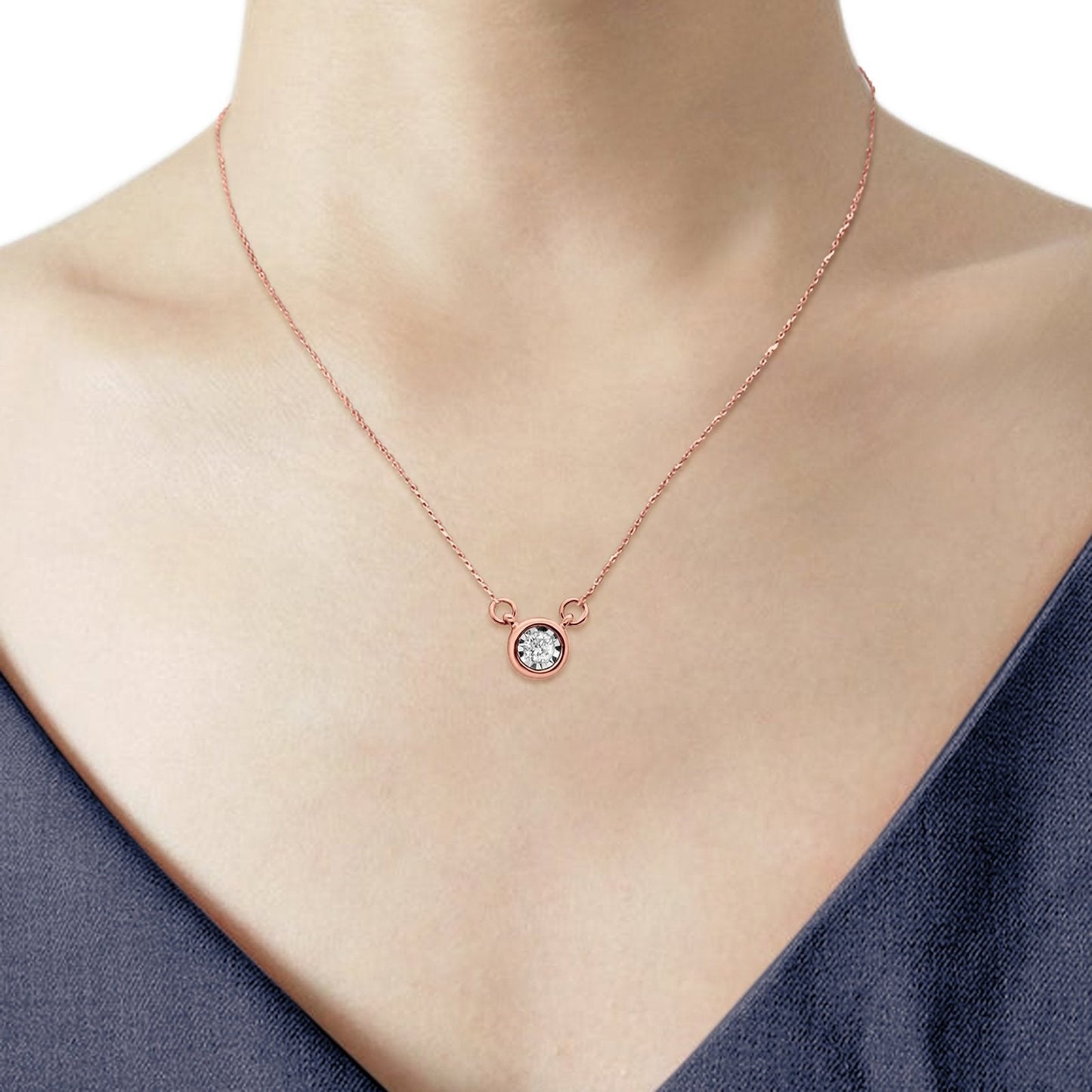 14K Rose Gold Round Diamond .04ct Solitaire Pendant Necklace 18"