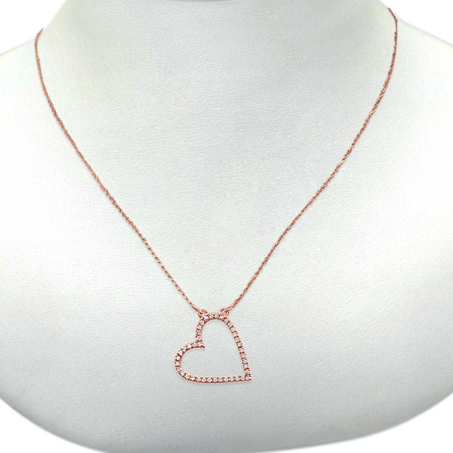 14K Rose Gold Trendy Sideways Heart Diamond .09ct Pendant Necklace 16"+2"