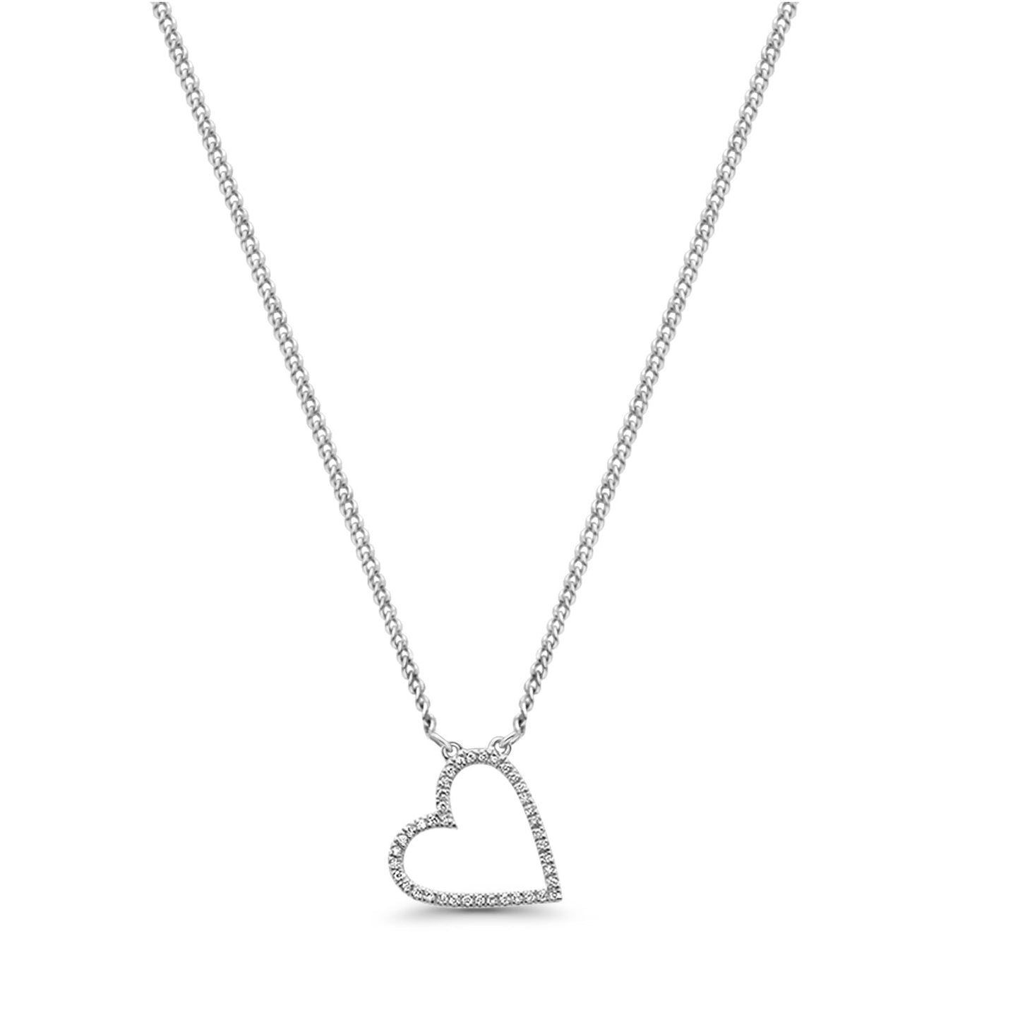 14K White Gold Trendy Sideways Heart Diamond .09ct Pendant Necklace 16"+2"