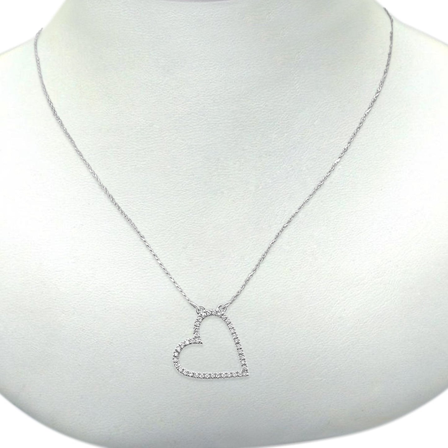 14K White Gold Trendy Sideways Heart Diamond .09ct Pendant Necklace 16"+2"