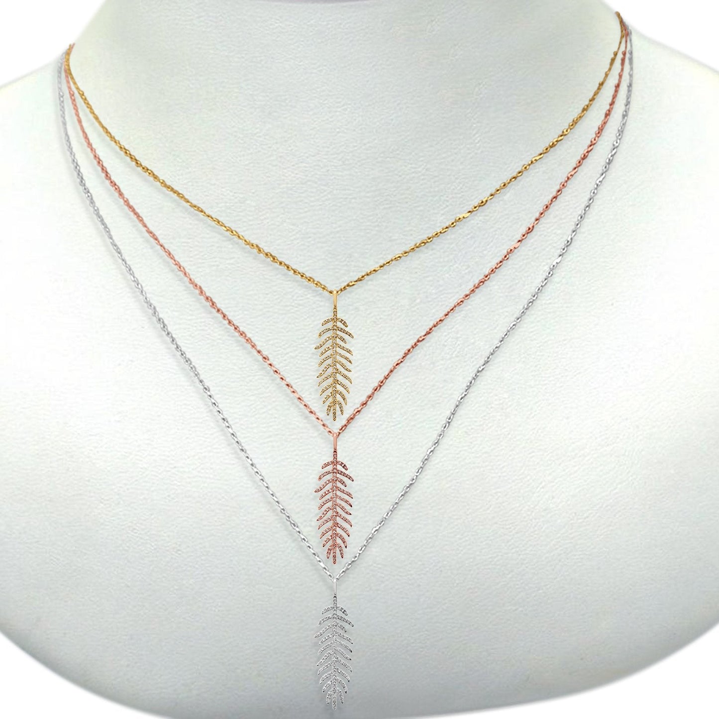 14K Yellow Gold Diamond Feather .18ct Pendant Necklace 16"+2" Ext