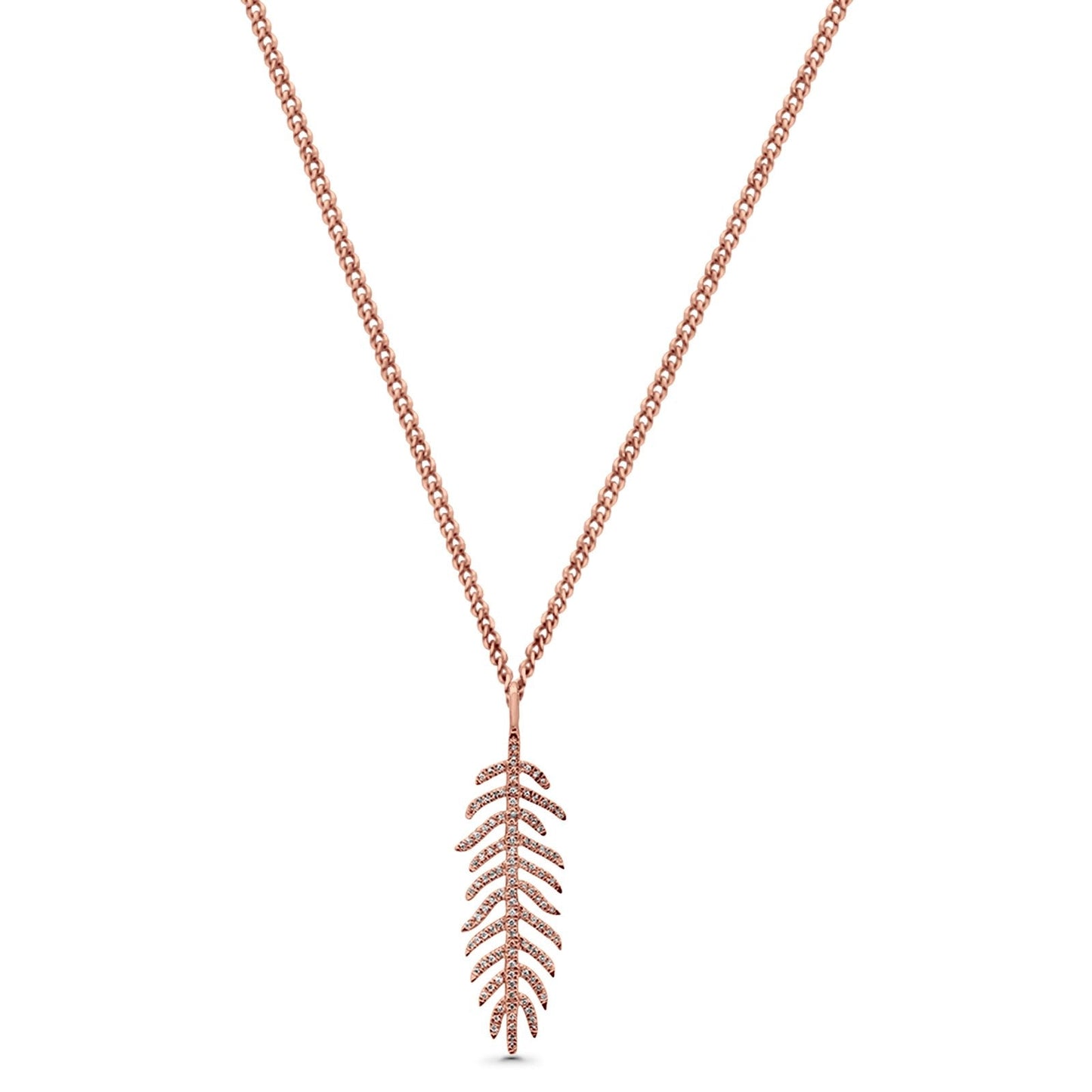 14K Rose Gold Diamond Feather Necklace Pendant .18ct 16 + 2 Inch