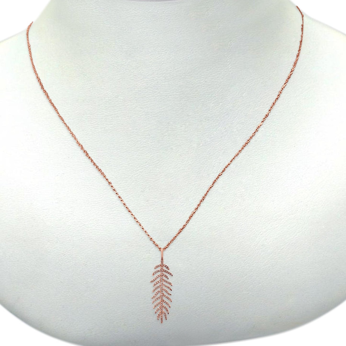 14K Rose Gold Diamond Feather Necklace Pendant .18ct 16 + 2 Inch