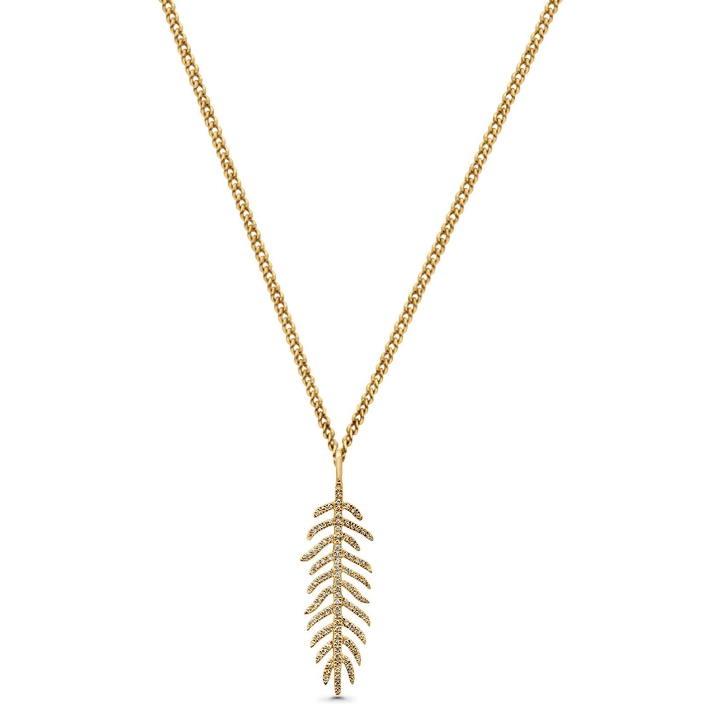 14K Yellow Gold Diamond Feather .18ct Pendant Necklace 16"+2" Ext