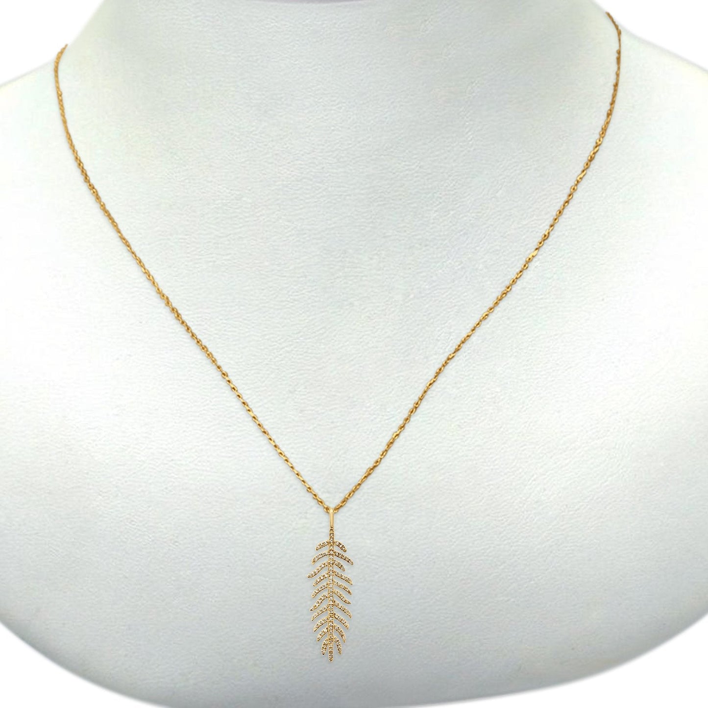 14K Yellow Gold Diamond Feather .18ct Pendant Necklace 16"+2" Ext