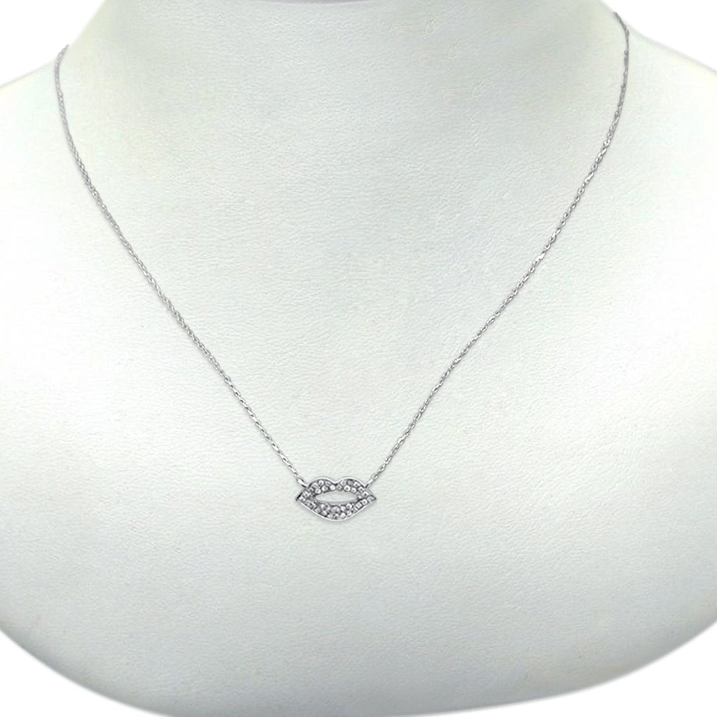 14K White Gold Diamond Lips Mouth .06ct Pendant Necklace 16"+2" Ext