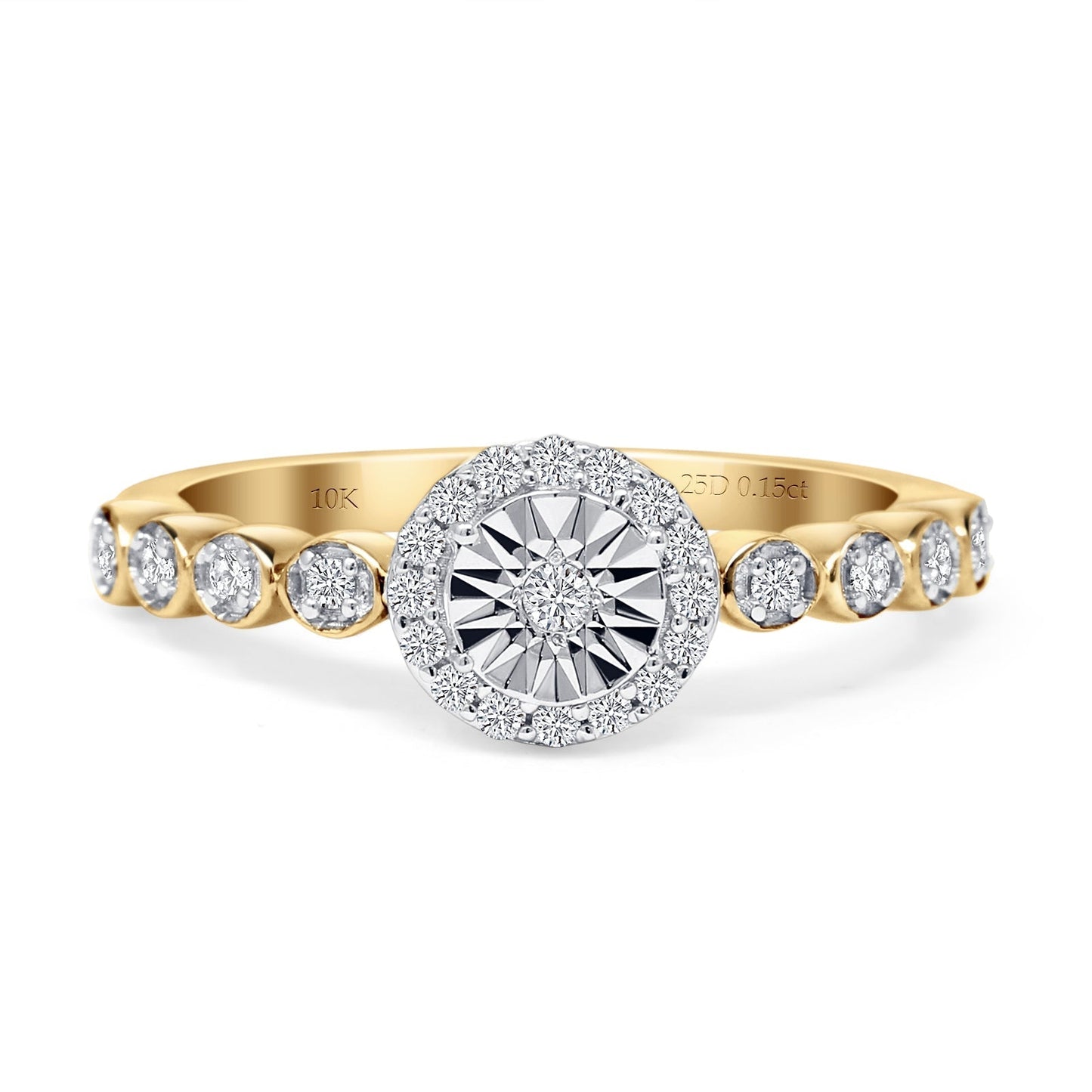 Sparkling Round Diamond Halo Ring 10K Yellow Gold 0.15ct Wholesale