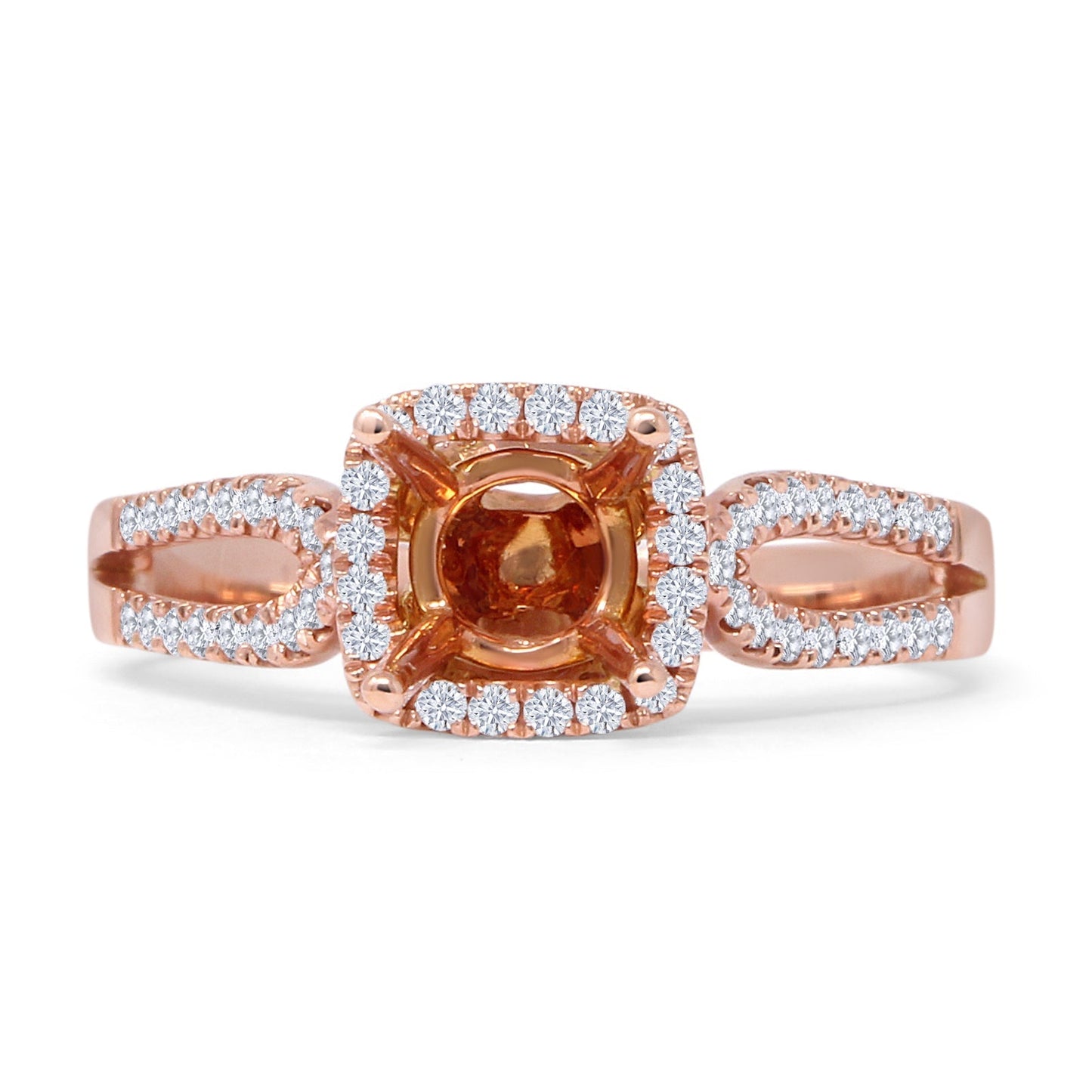 14K Rose Gold 0.43ct Cushion Halo Split Shank Semi Mount Diamond Ring Wholesale