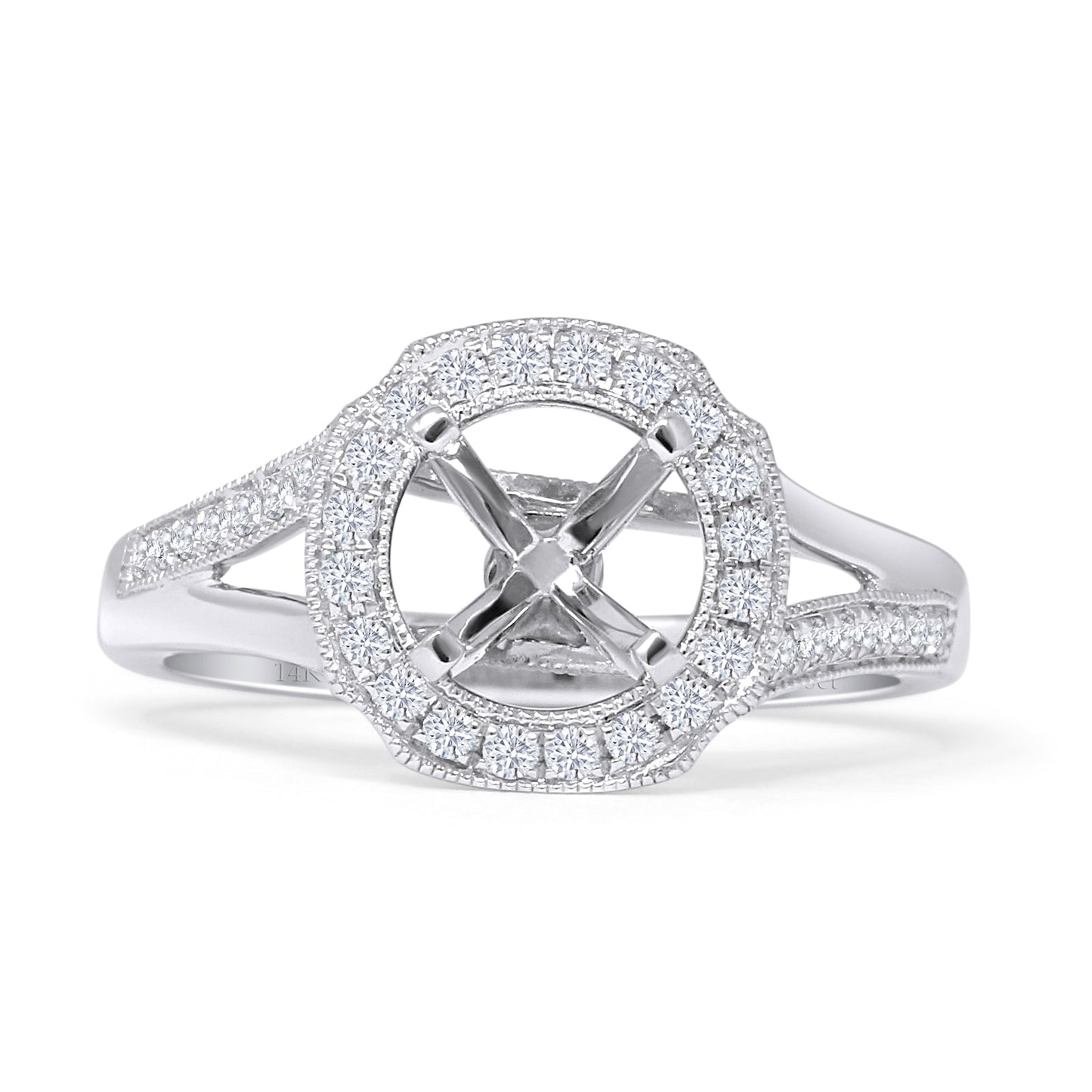 14K White Gold 0.26ct Round Halo Split Shank Semi Mount Diamond Ring Wholesale