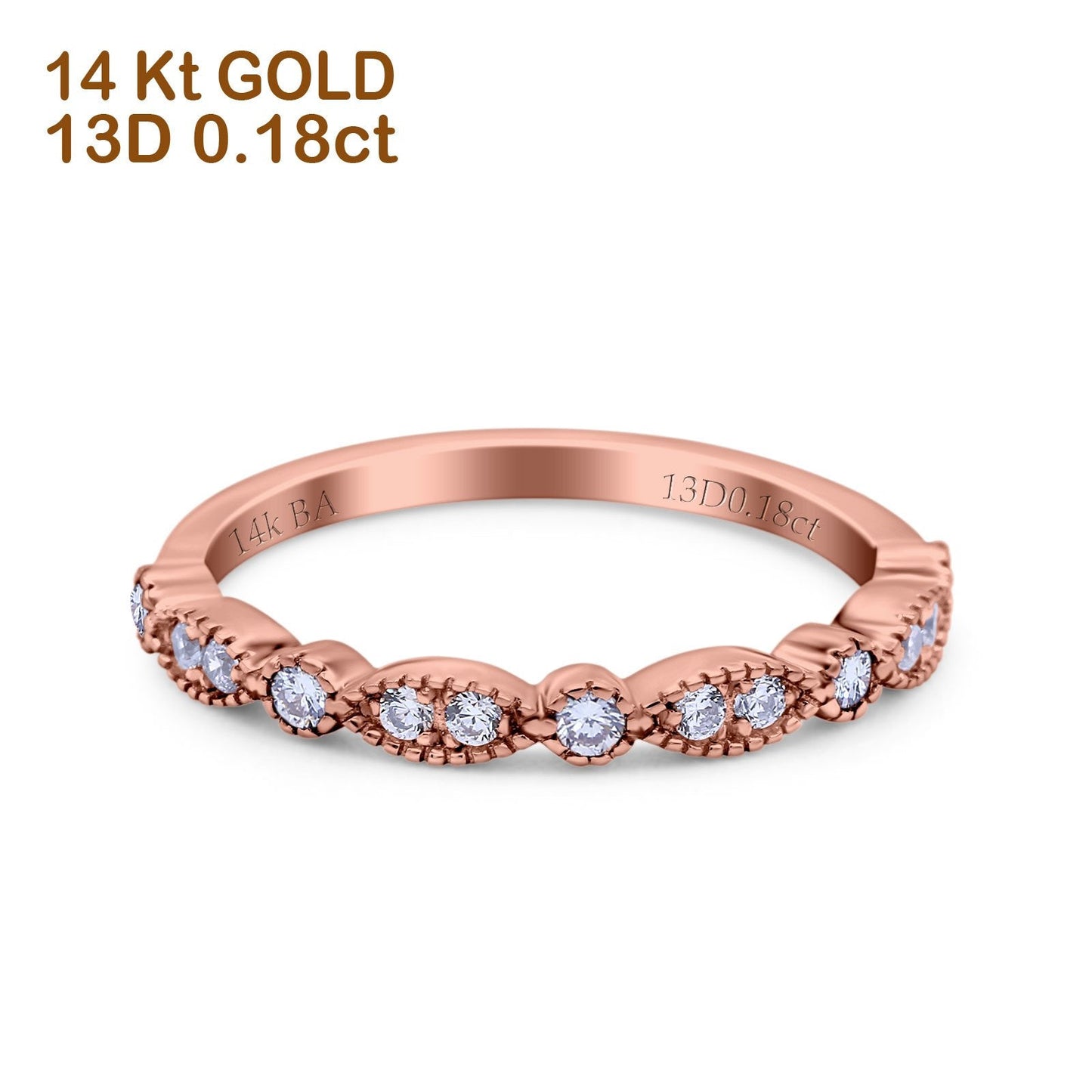 14K Rose Gold 0.18ct Diamond Round Art Deco Half Eternity Band Engagement Ring Size 6.5