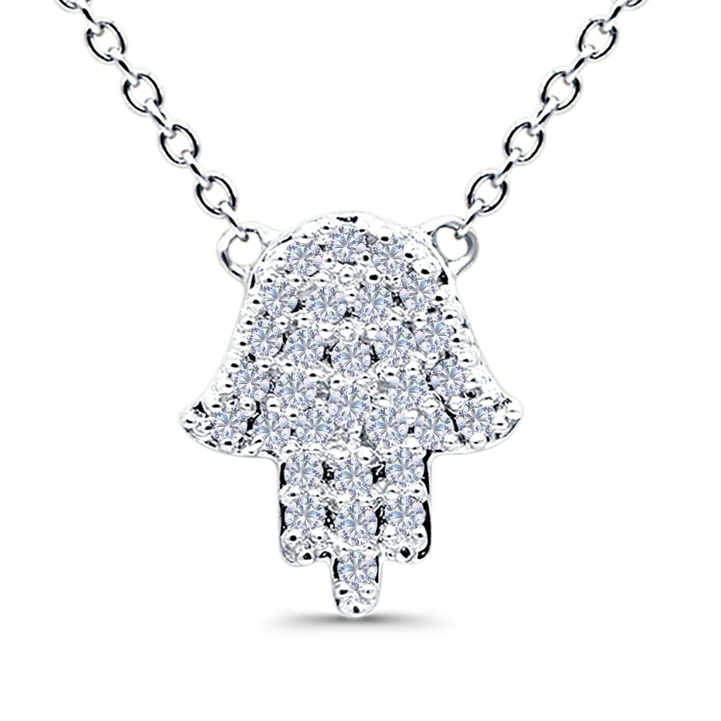 14K White Gold 0.11ct Round Shape Diamond Pendant Trendy Hand Of Hamsa Chain Necklace 18" Long