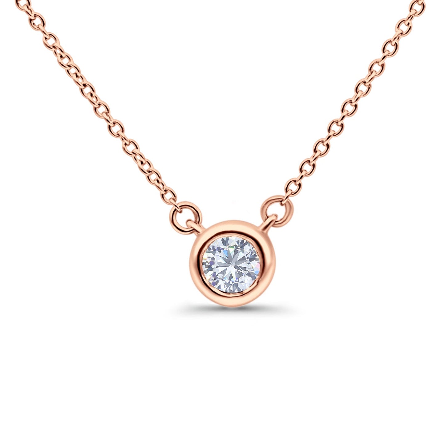 14K Rose Gold 0.06ct Round Shape Diamond Bezel Solitaire Pendant Chain Necklace 18" Long