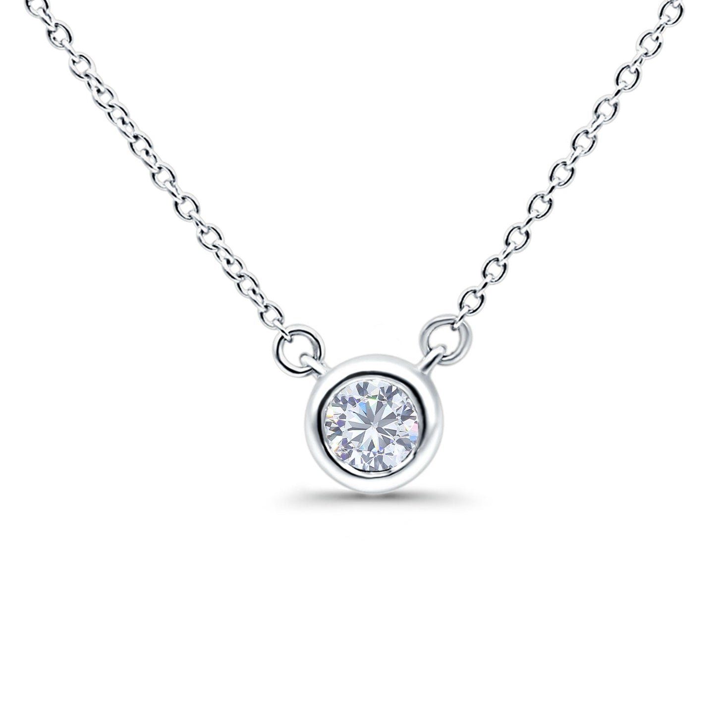 14K White Gold 0.06ct Round Shape Diamond Bezel Solitaire Pendant Chain Necklace 18" Long