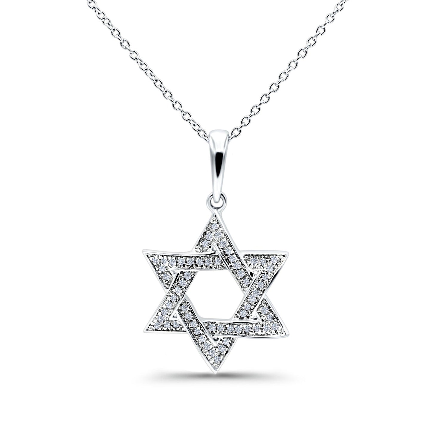 14K White Gold 0.10ct Round Shape Jewish Star Of David Diamond Pendant Chain Necklace 18" Long