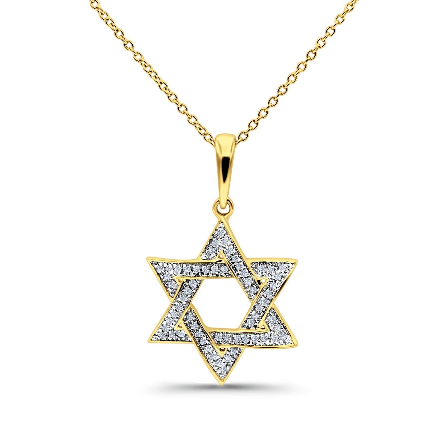 14K Yellow Gold 0.10ct Round Shape Jewish Star Of David Diamond Pendant Chain Necklace 18" Long