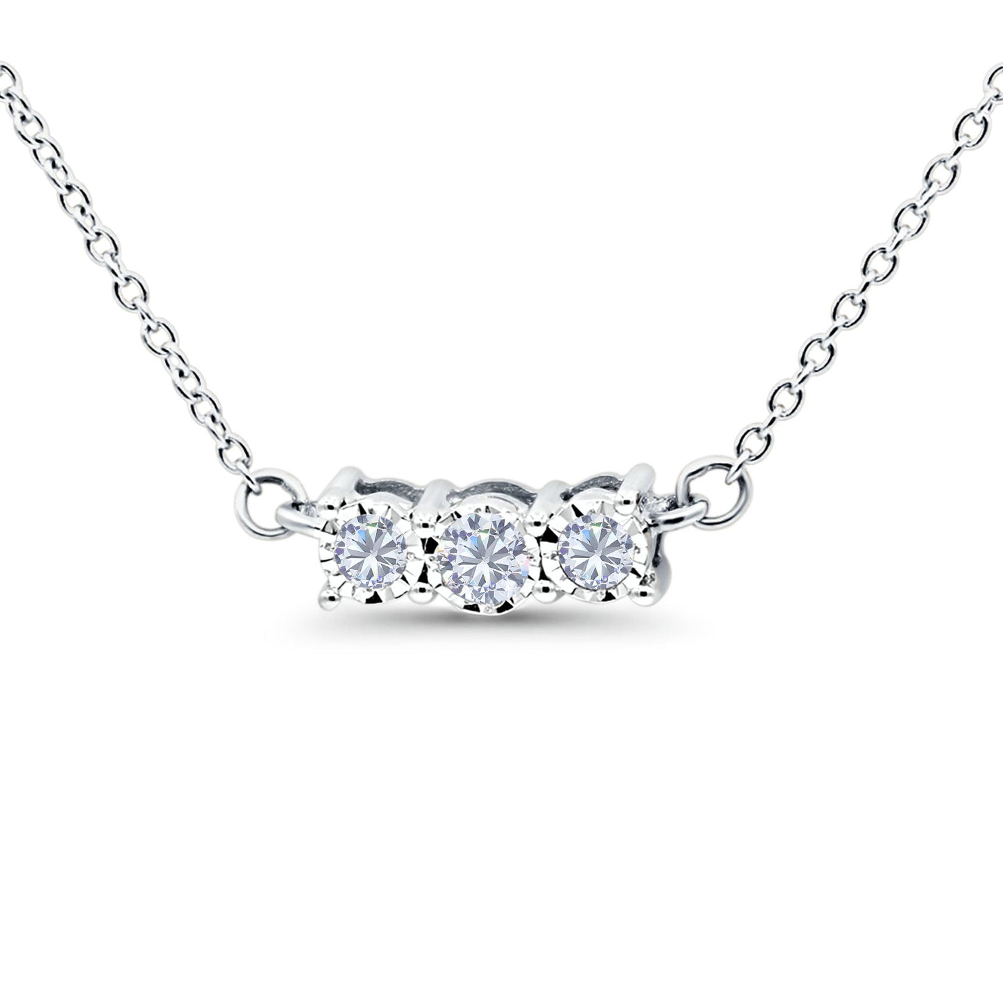 14K White Gold 0.17ct Round Shape Diamond Three Stone Pendant Chain Necklace 18" Long