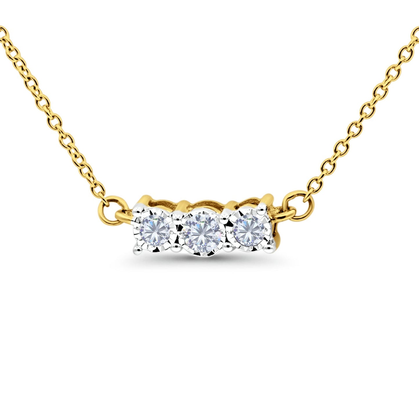 14K Yellow Gold 0.17ct Round Shape Diamond Three Stone Pendant Chain Necklace 18" Long