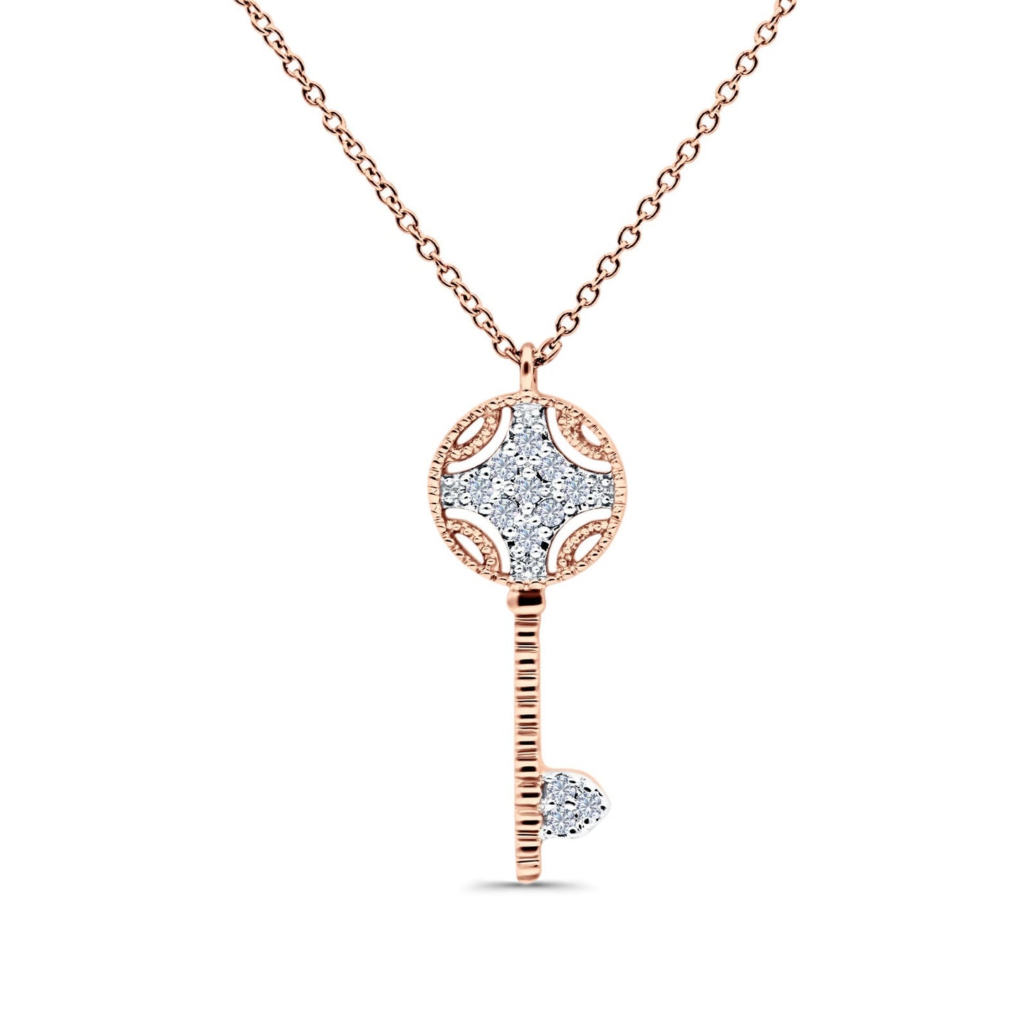 14K Rose Gold 0.08ct Round Shape Diamond Key Pendant Chain Necklace 18" Long