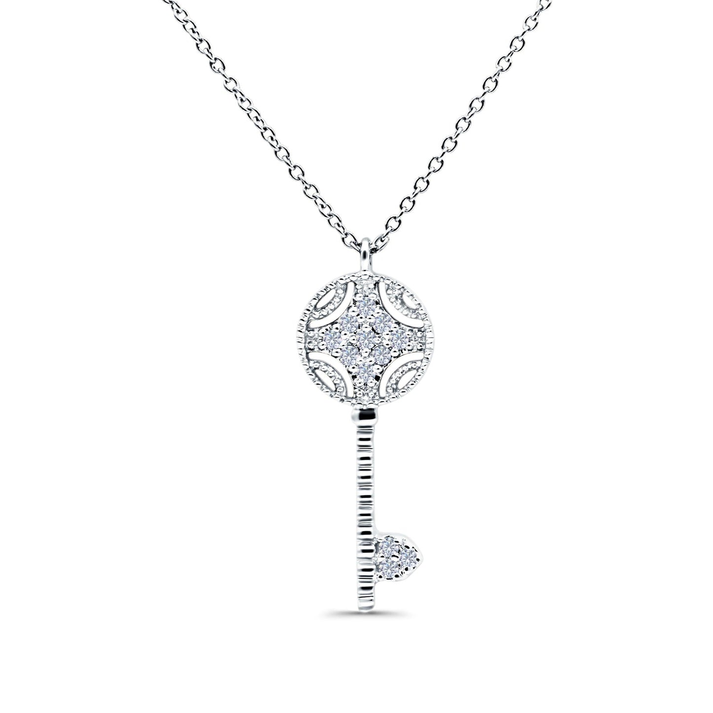 14K White Gold 0.08ct Round Shape Diamond Key Pendant Chain Necklace 18" Long