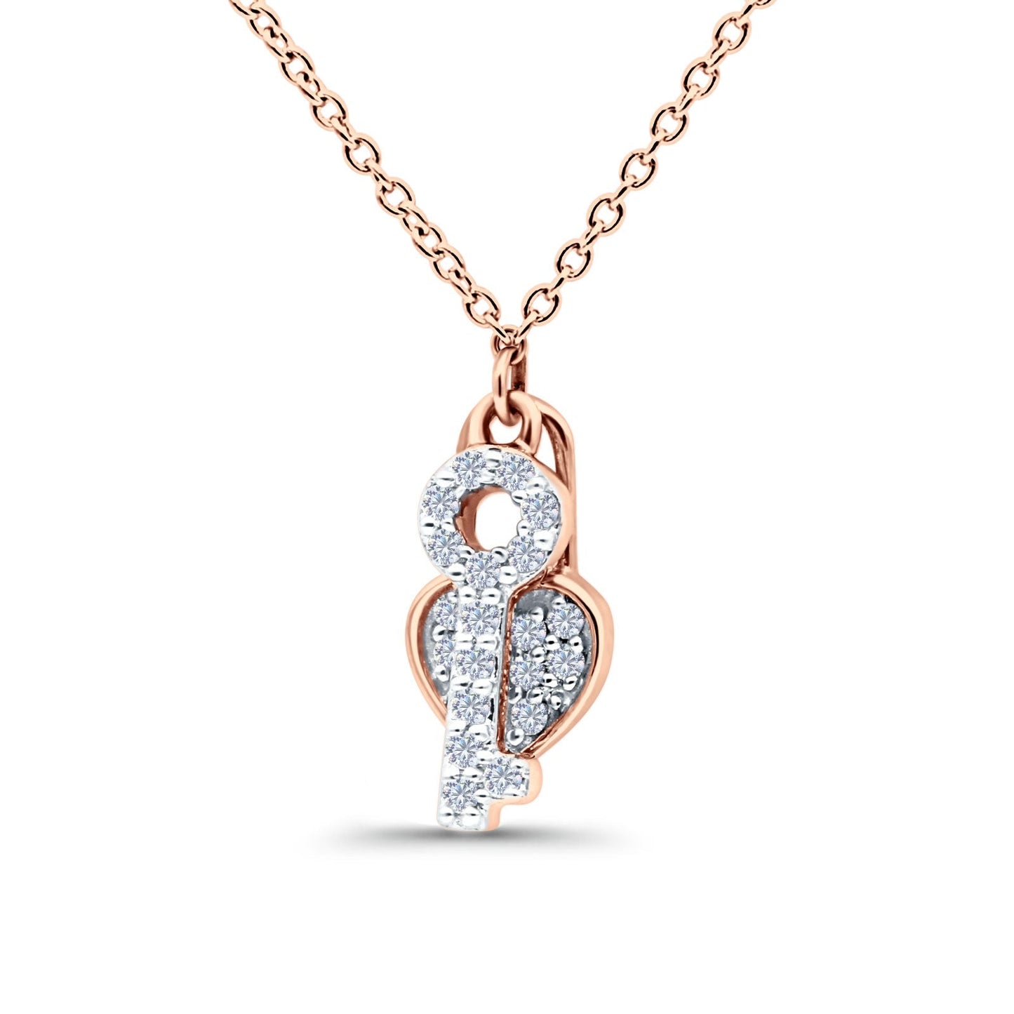 14K Rose Gold 0.13ct Round Shape Diamond Key To My Heart Pendant Chain Necklace 18" Long