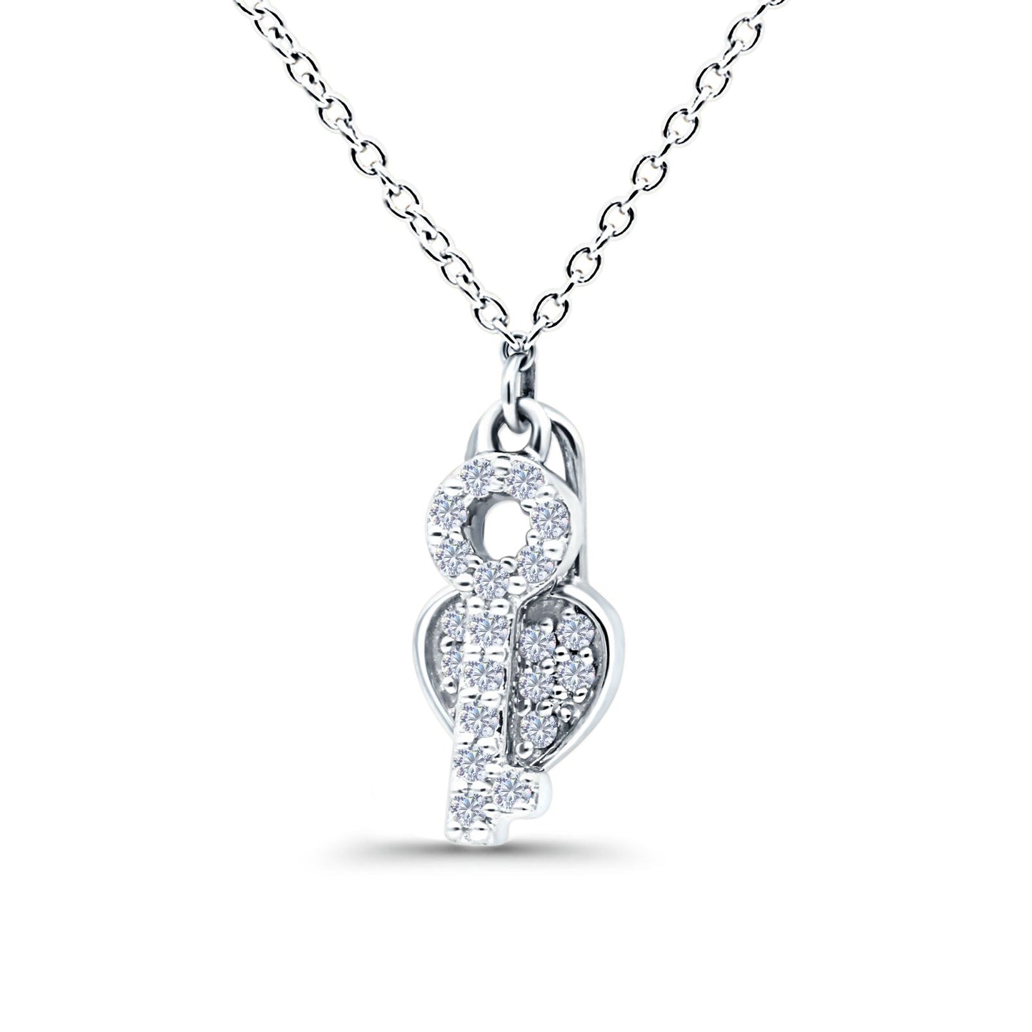 14K White Gold 0.13ct Round Shape Diamond Key To My Heart Pendant Chain Necklace 18" Long