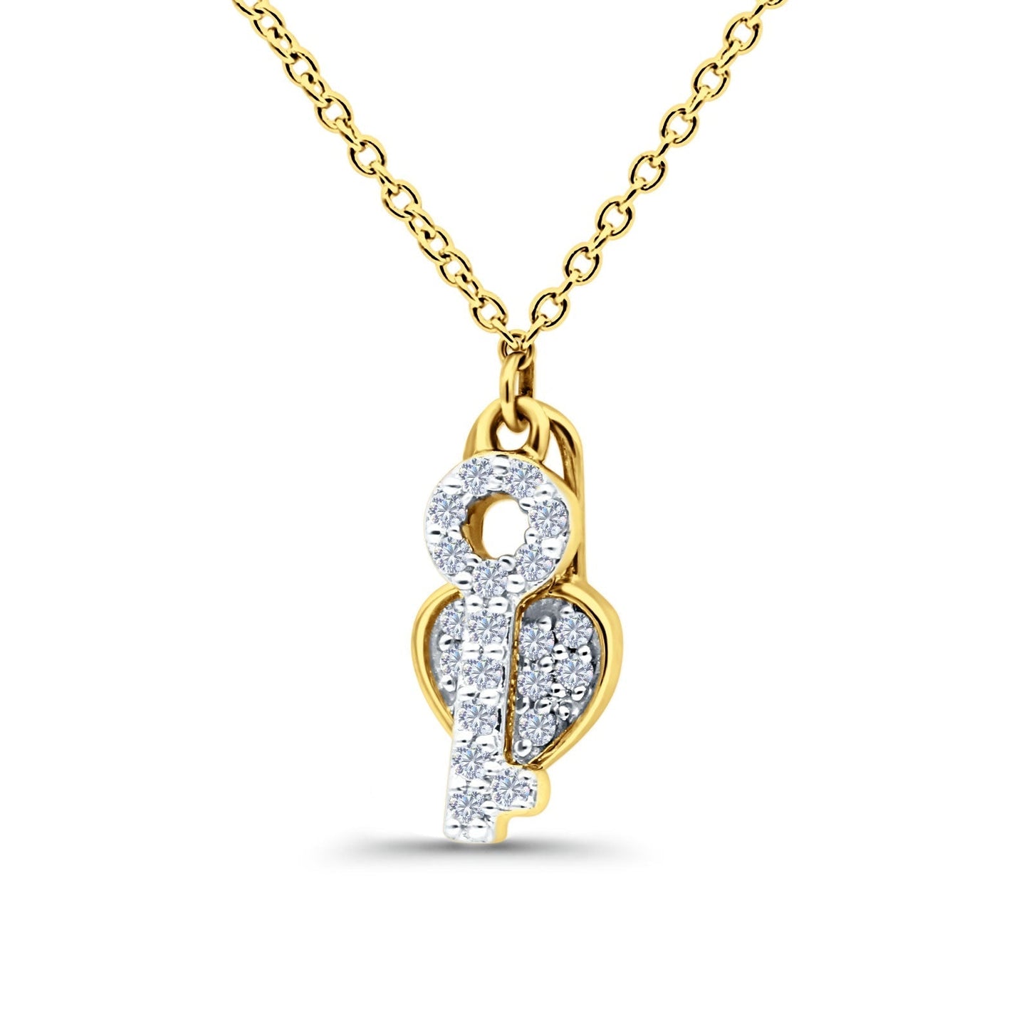 14K Yellow Gold 0.13ct Round Shape Diamond Key To My Heart Pendant Chain Necklace 18" Long