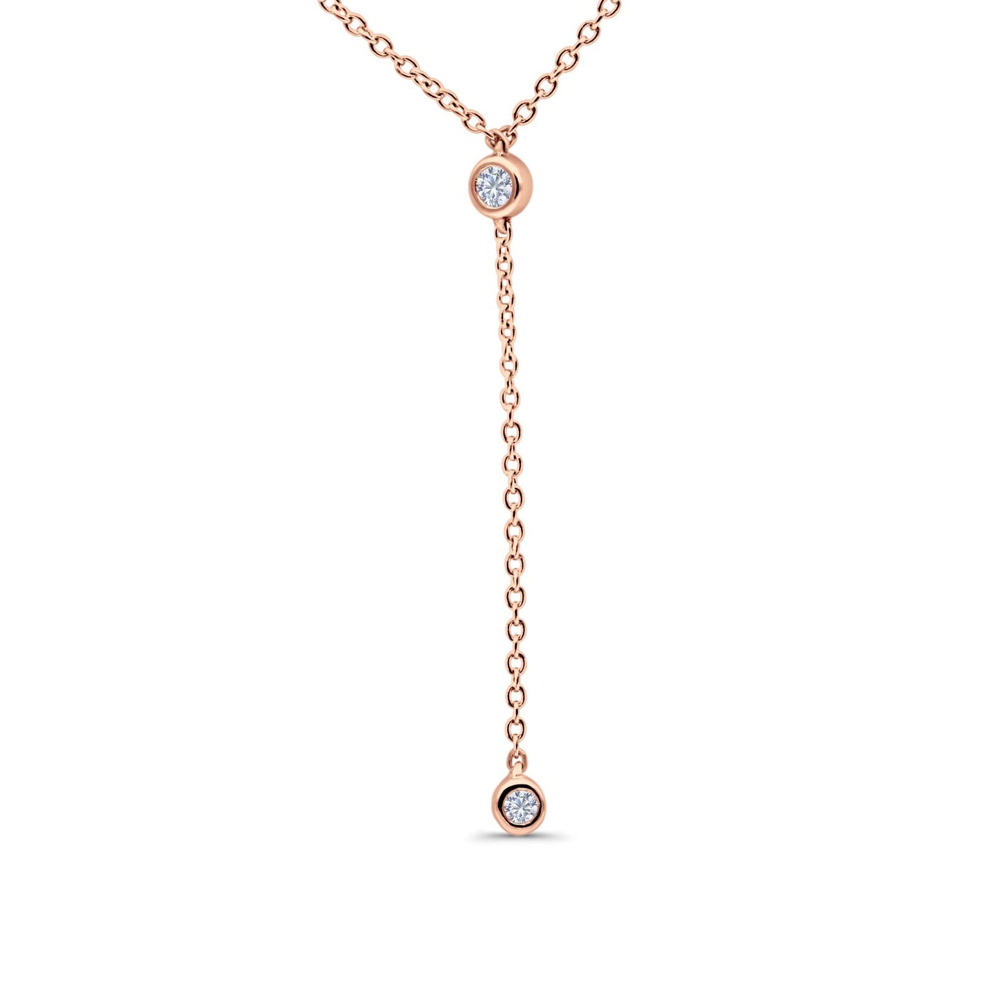 14K Rose Gold 0.06ct Round Shape Diamond Drop Lariat Pendant Chain Necklace 18" Long