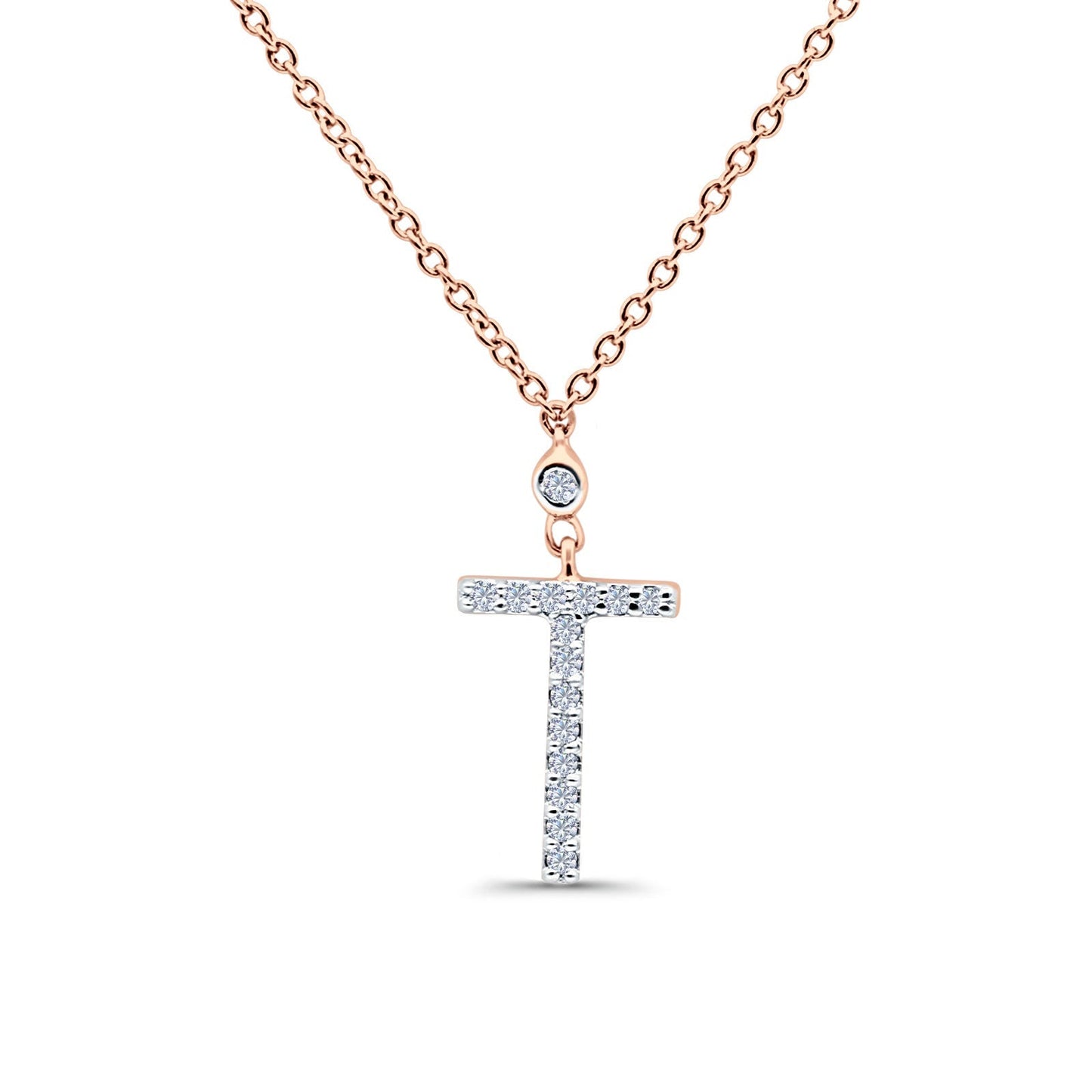 14K Rose Gold 0.07ct Round Shape Diamond Cross Pendant Chain Necklace 18" Long