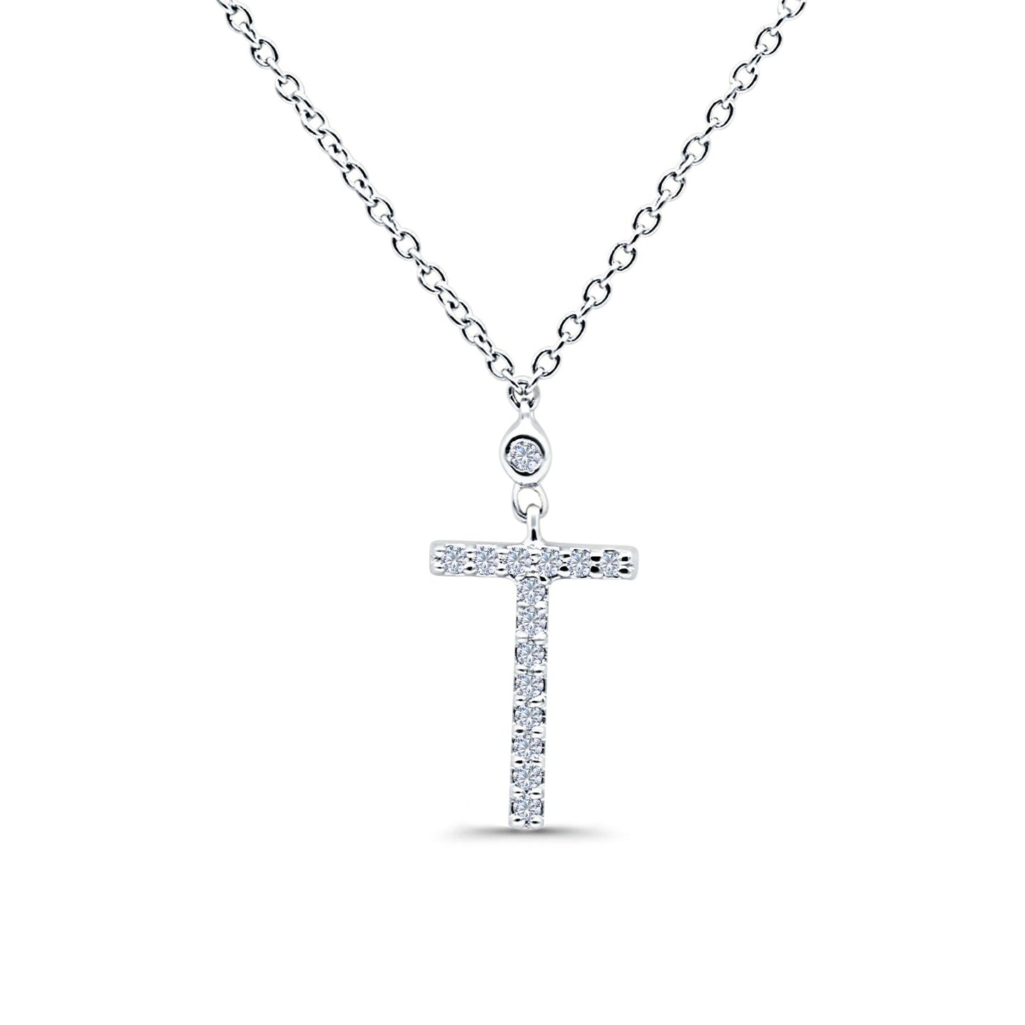 14K White Gold 0.07ct Round Shape Diamond Cross Pendant Chain Necklace 18" Long