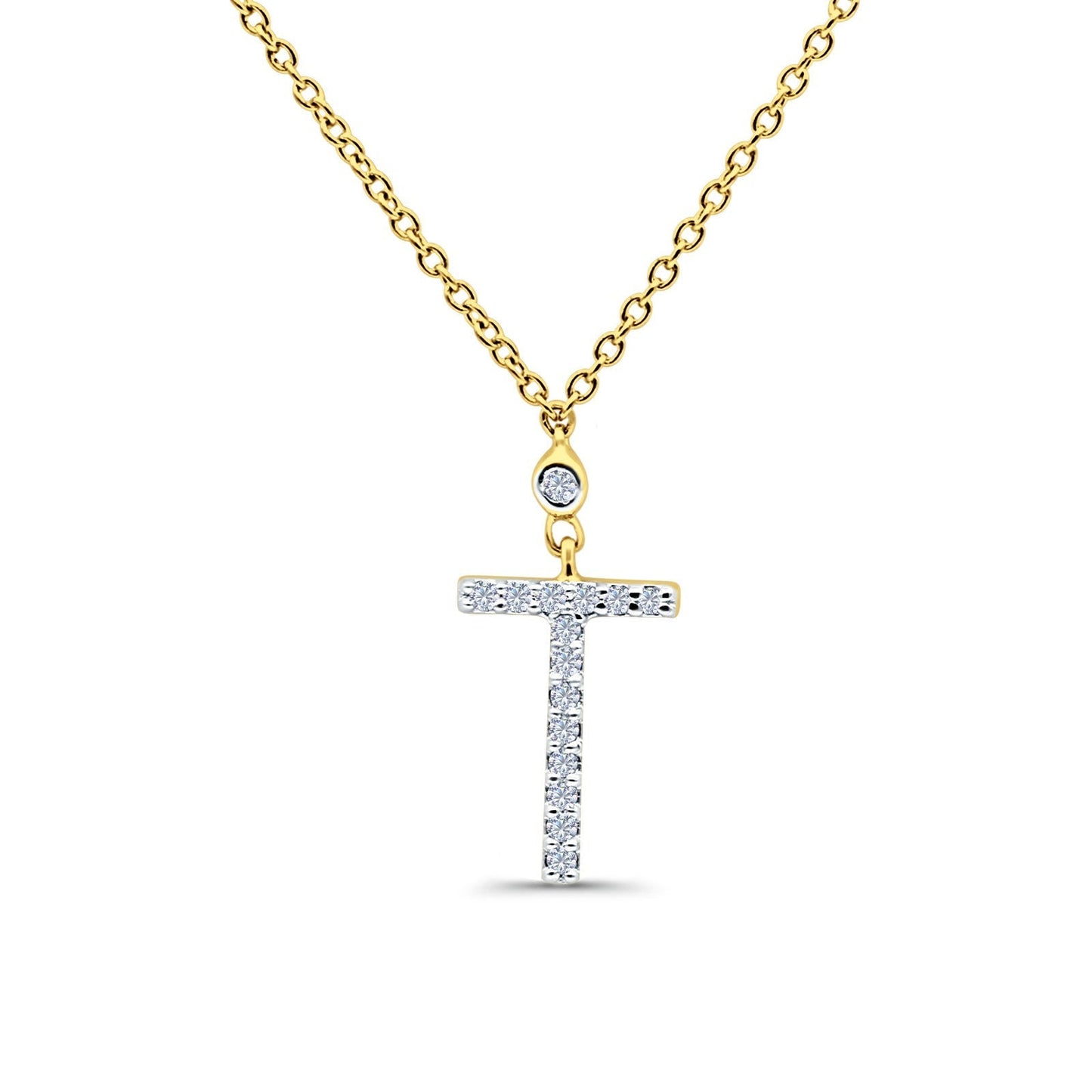 14K Yellow Gold 0.07ct Round Shape Diamond Cross Pendant Chain Necklace 18" Long