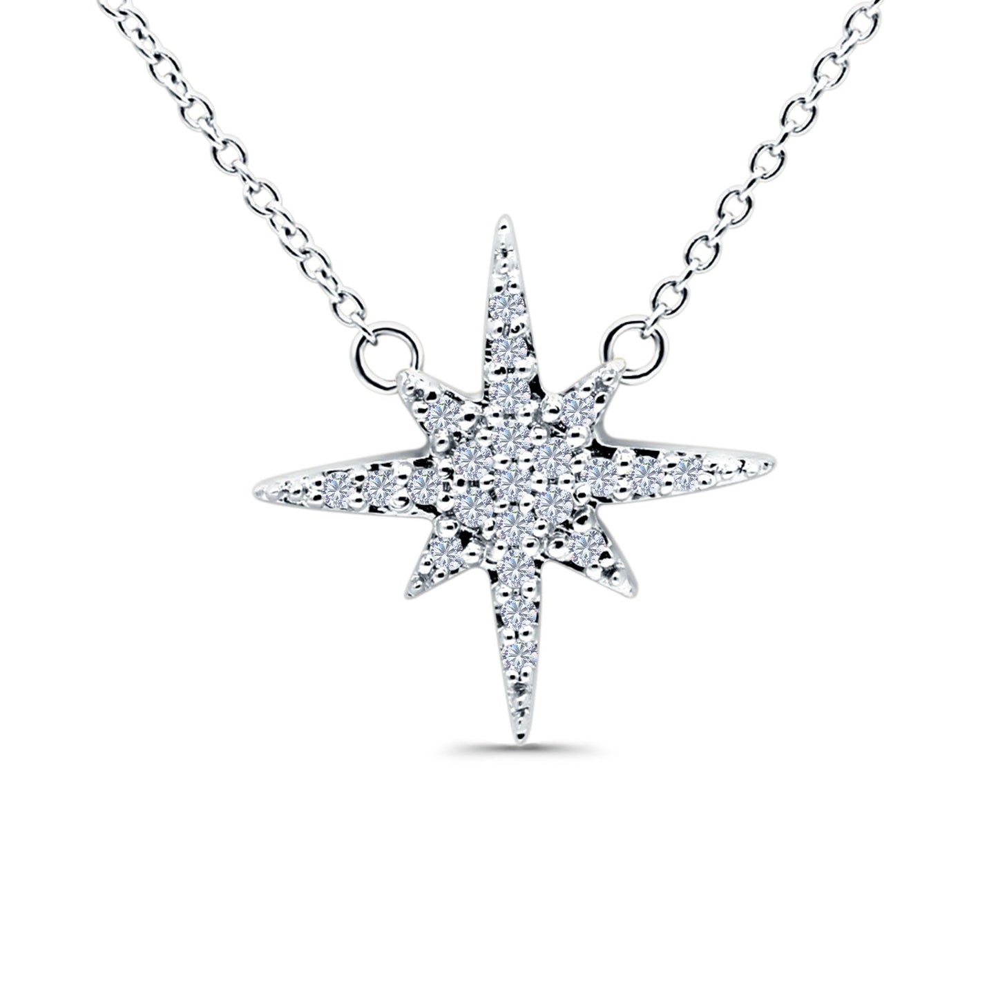 14K White Gold 0.10ct Round Shape Diamond Starburst Pendant Chain Necklace 18" Long