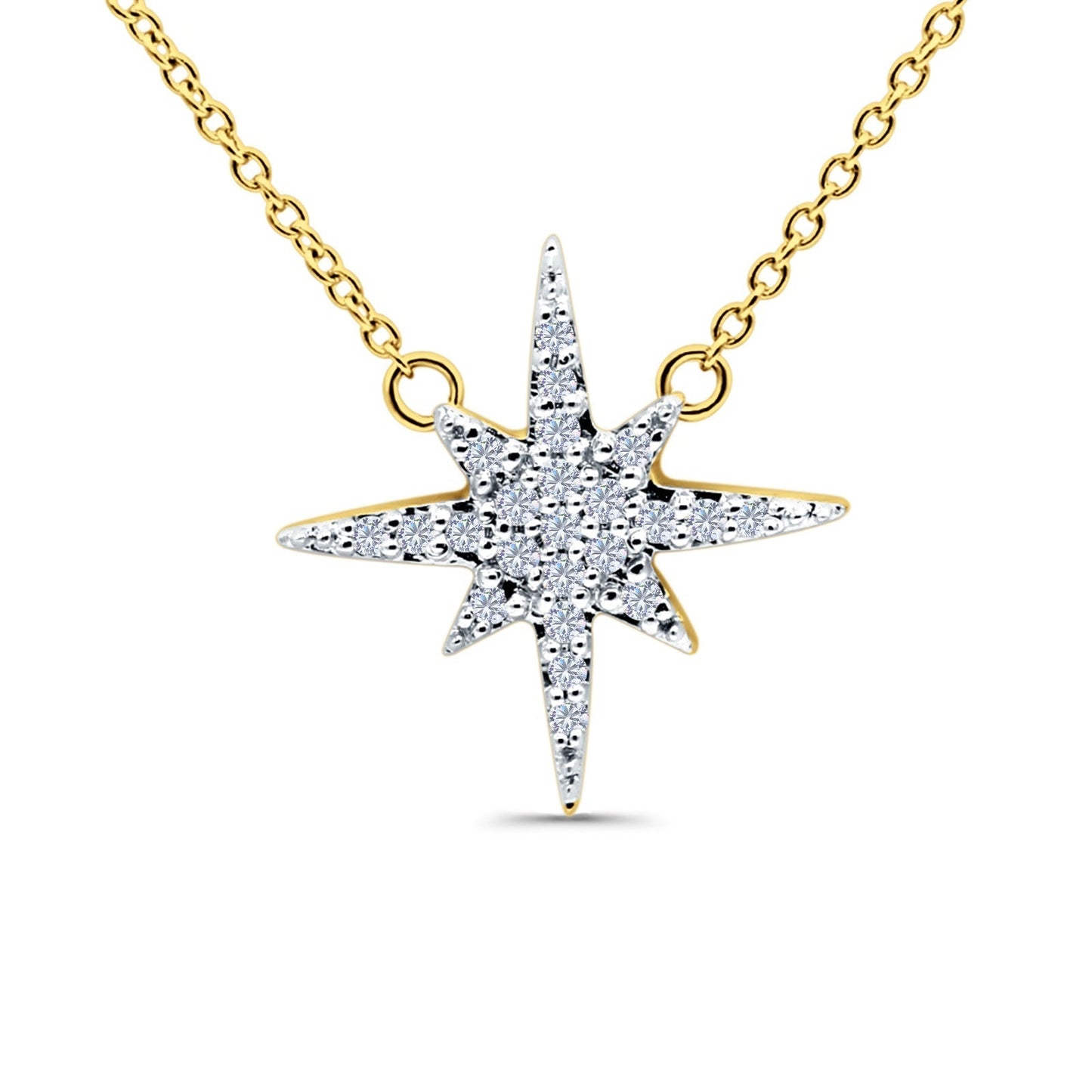 14K Yellow Gold 0.10ct Round Shape Diamond Starburst Pendant Chain Necklace 18" Long