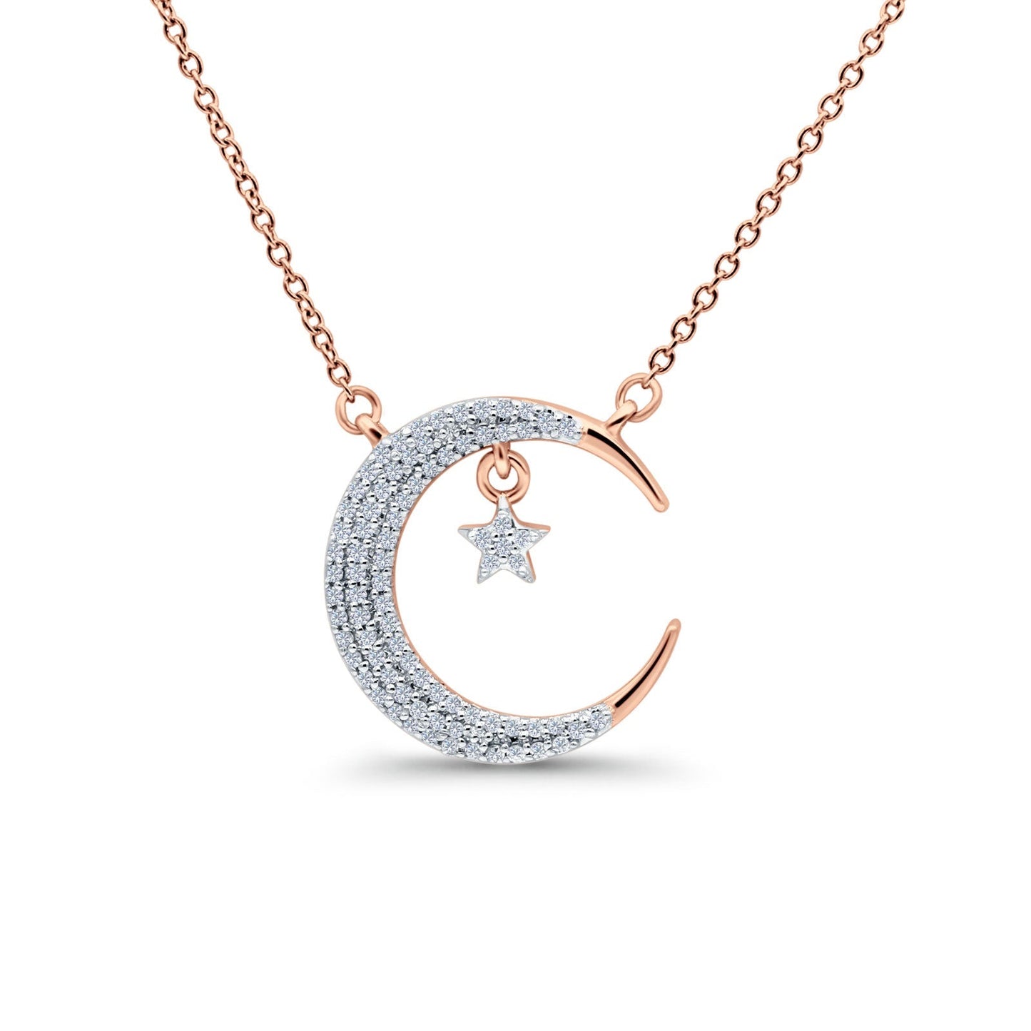 0.16ct Diamond Crescent Moon Necklace - 14K Rose Gold, 18 Inch Chain