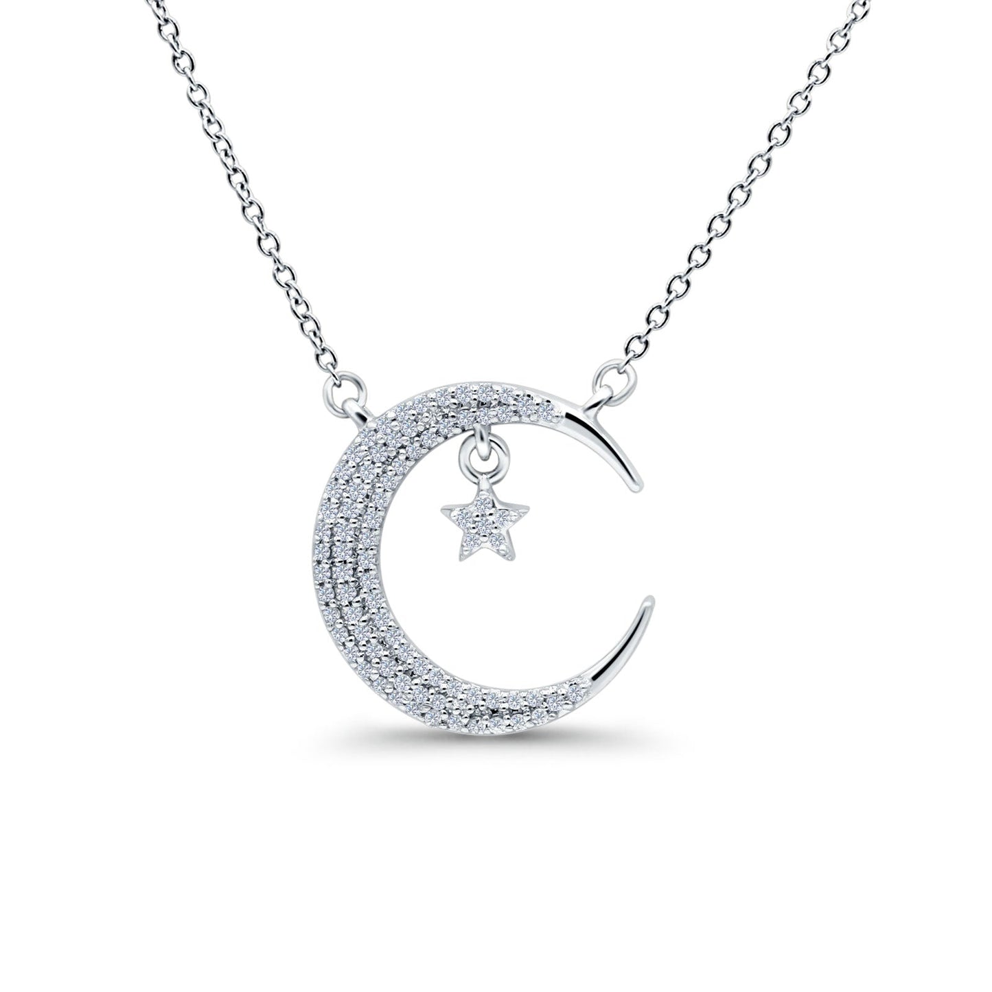 14K White Gold Diamond Crescent Moon Necklace 0.16ct, 18 Inch