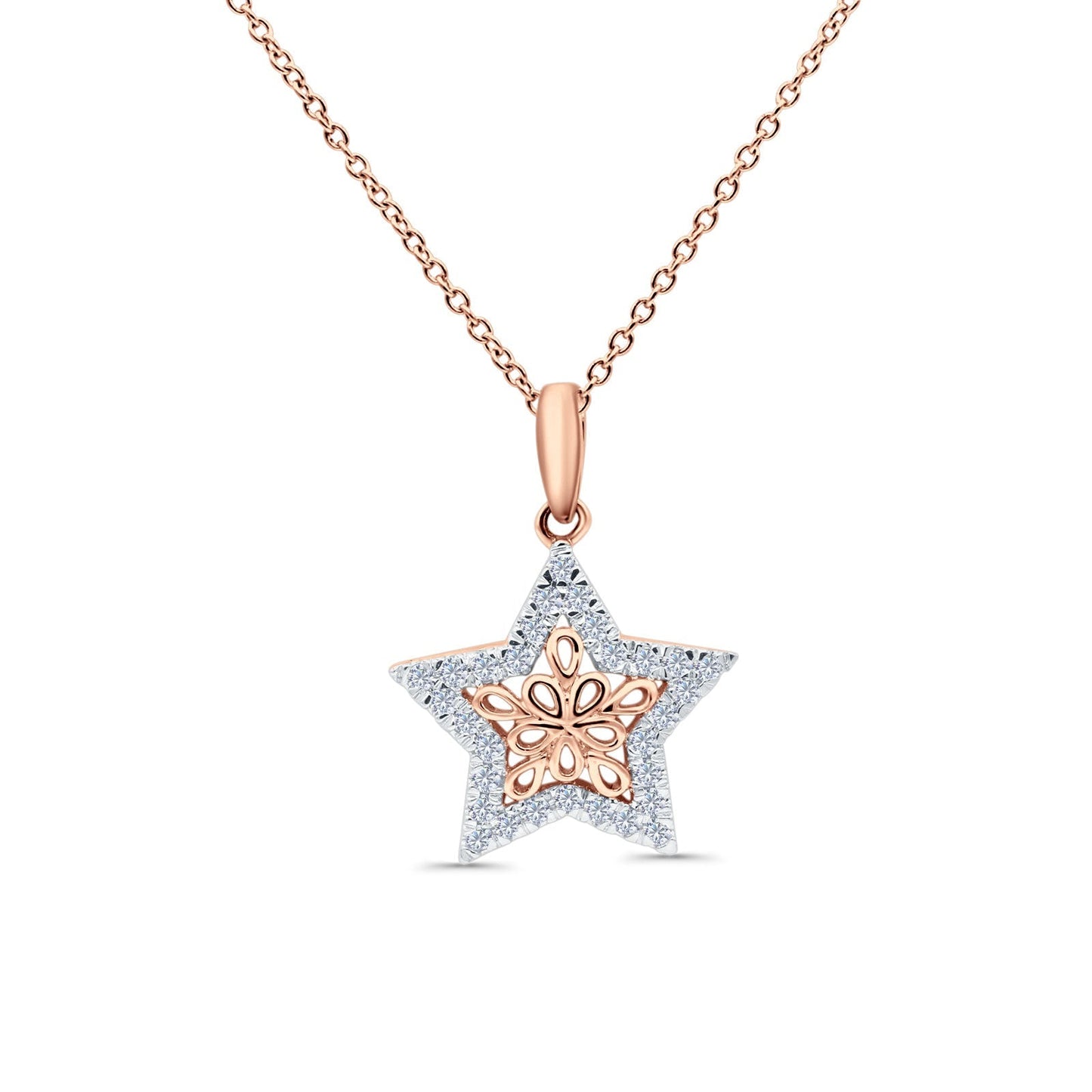 14K Rose Gold 0.17ct Round Shape Diamond Filigree Star Pendant Chain Necklace 18" Long