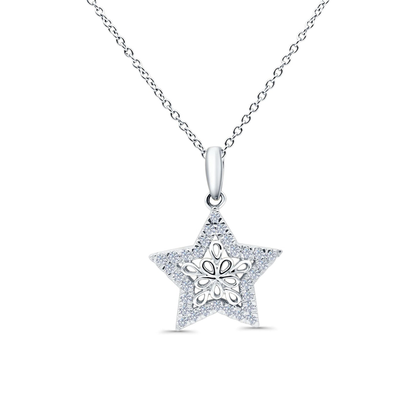 14K White Gold 0.17ct Round Shape Diamond Filigree Star Pendant Chain Necklace 18" Long