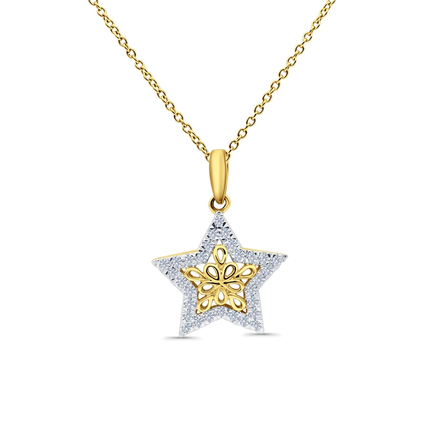 14K Yellow Gold 0.17ct Round Shape Diamond Filigree Star Pendant Chain Necklace 18" Long