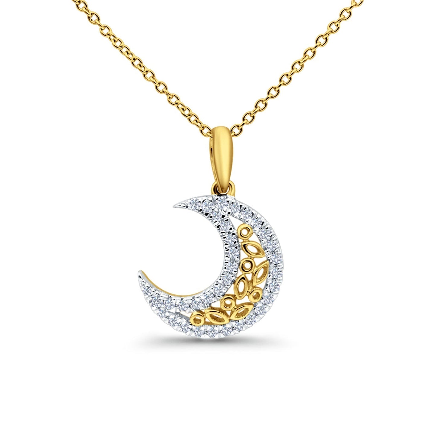 14K Yellow Gold 0.17ct Round Shape Diamond Crescent Moon Pendant Chain Necklace 18" Long