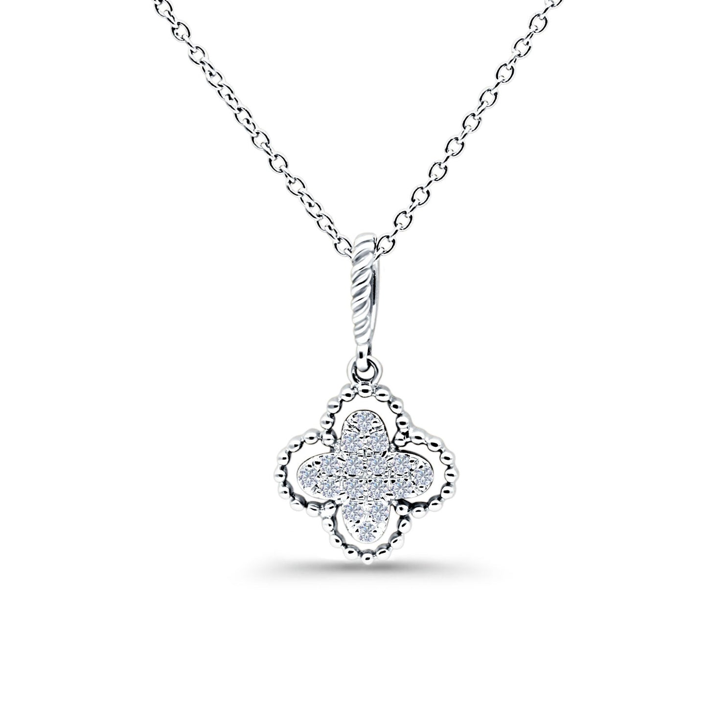 14K White Gold 0.09ct Round Shape Diamond Antique Flower Pendant Chain Necklace 18" Long