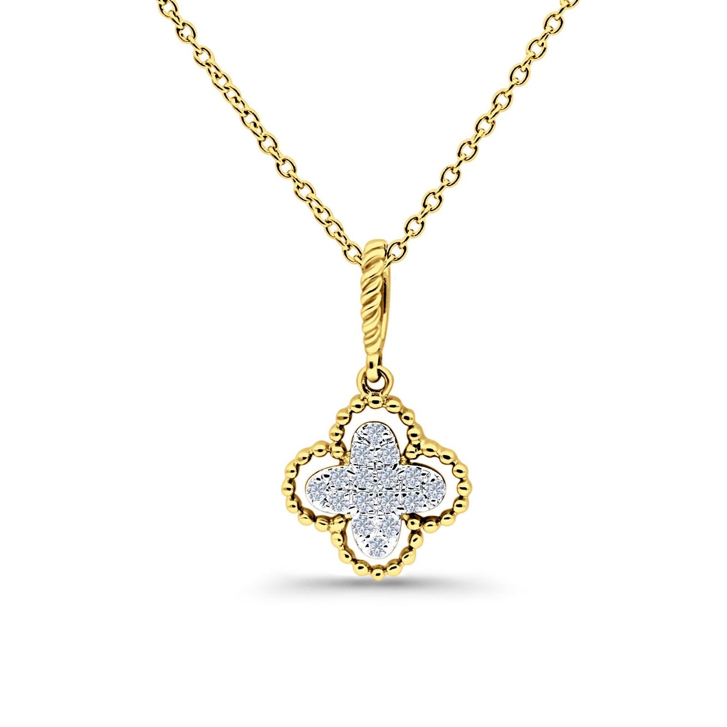 14K Yellow Gold 0.09ct Round Shape Diamond Antique Flower Pendant Chain Necklace 18" Long