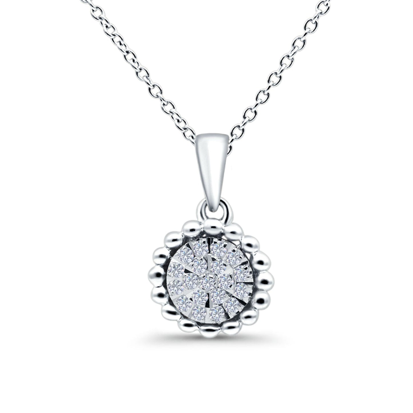 14K White Gold 0.10ct Round Shape Diamond Solitaire Pendant Chain Necklace 18" Long