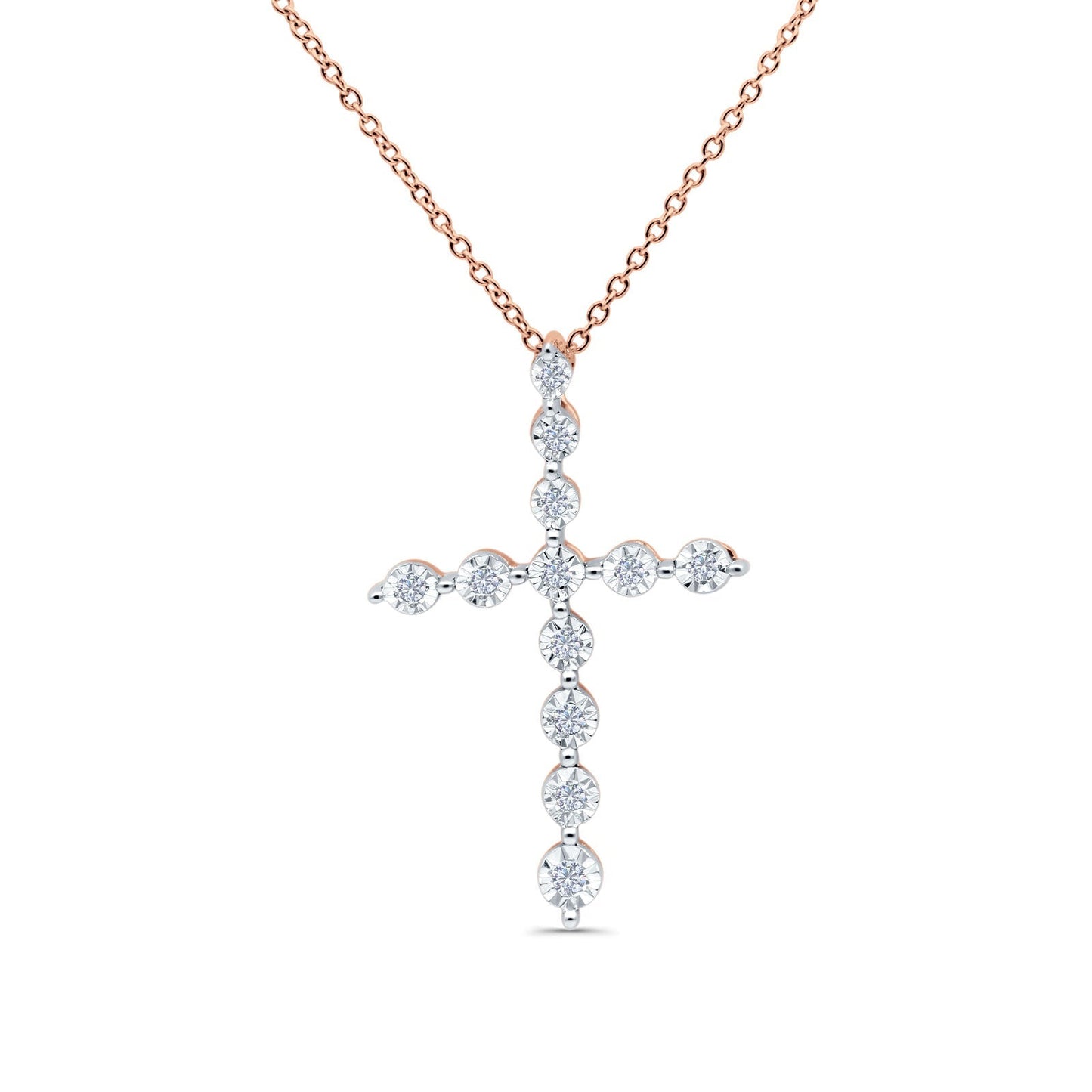 14K Rose Gold 0.09ct Round Shape Diamond Cross Pendant Chain Necklace 18" Long