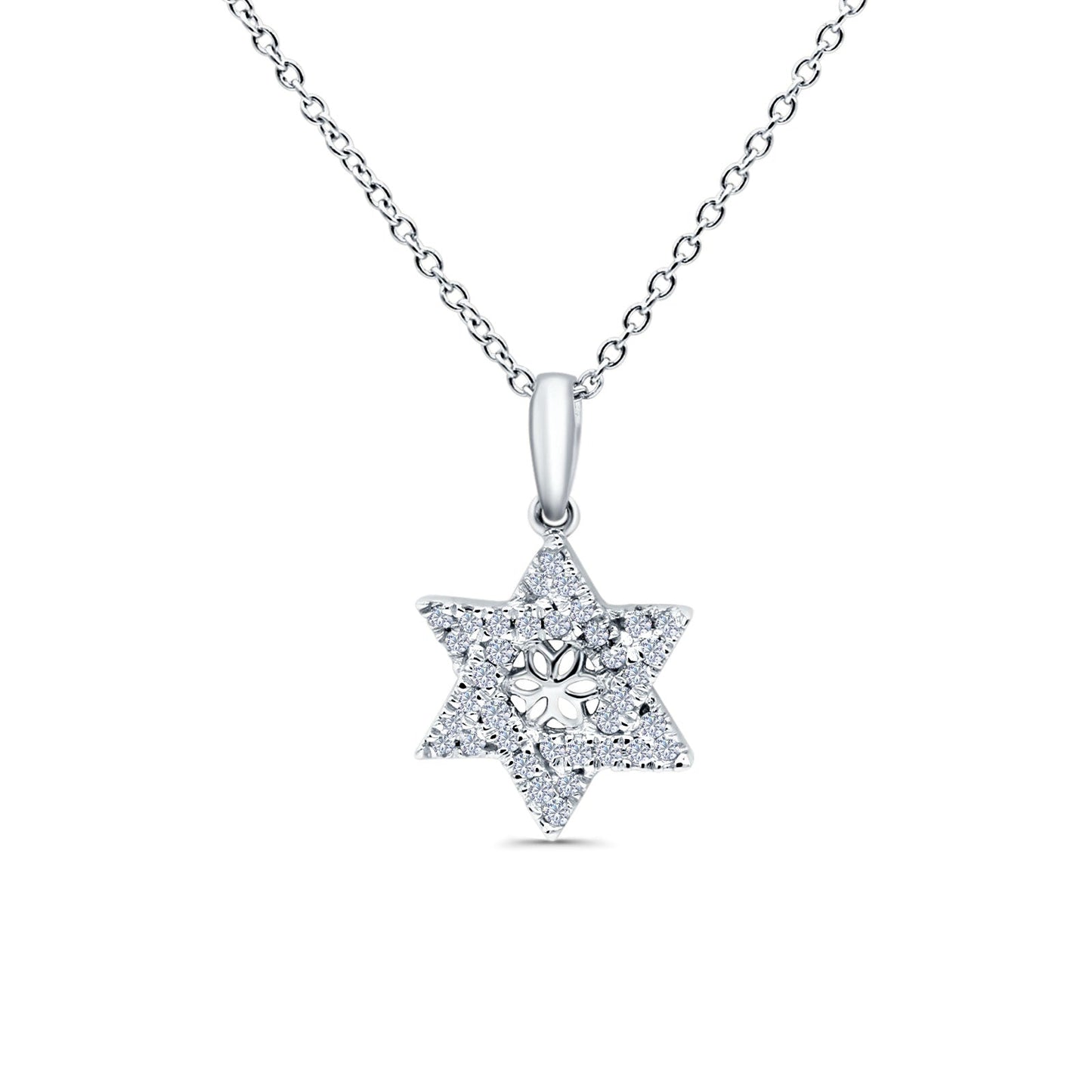 14K White Gold 0.16ct Round Diamond Star Of David Necklace 18 Inch Long