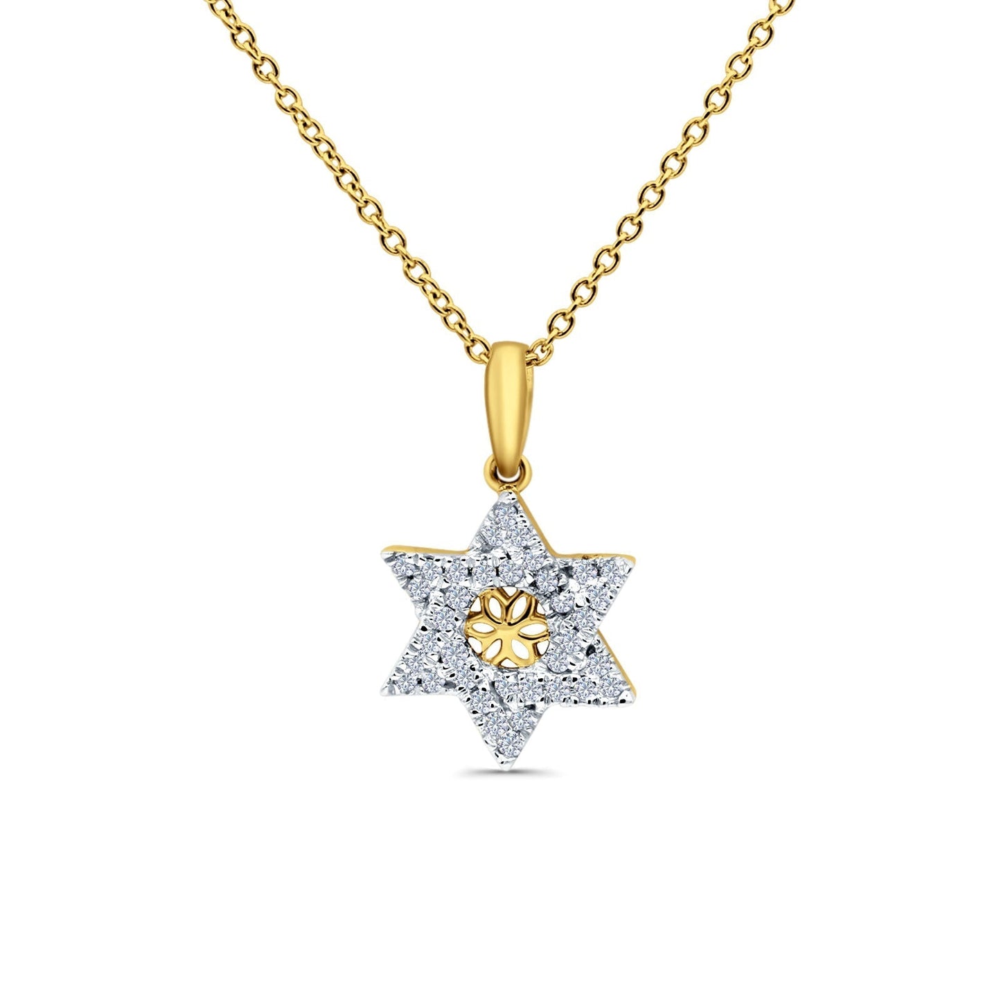 14K Yellow Gold 0.16ct Round Shape Diamond Jewish Star Of David Pendant Chain Necklace 18" Long